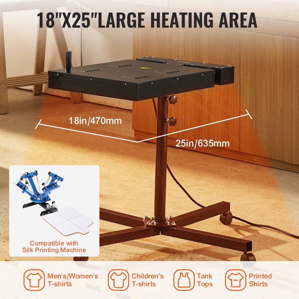 VEVOR Flash Dryer, 470 x 635 mm sneldroger voor zeefdruk, temperatuurregeling van 0-400 °C, robuuste zeefdrukdroger met in hoogte verstelbare standaard, 360° rotatie, T-shirt droogmachine