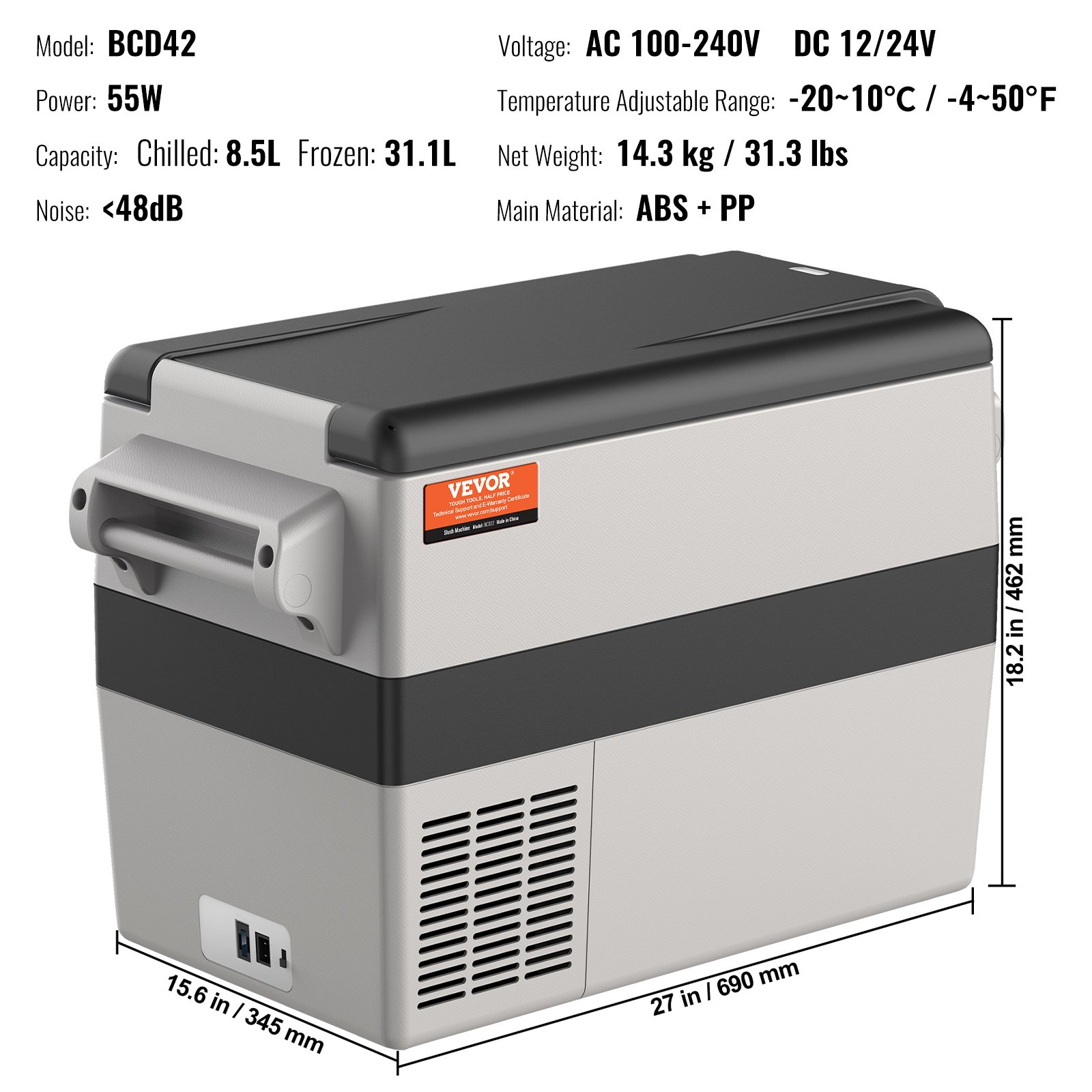 VEVOR Car Refrigerator, 12 Volt Car Fridge, 42L Portable Dual Zone Freezer, Adjustable Range from -4℉ to 50℉, 12/24V DC and 100-240V AC Compressor Cooler Outdoor