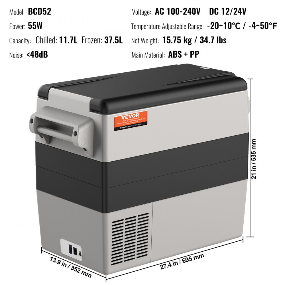 VEVOR 12V autokoelkast, draagbare 52L vriezer met twee zones en handvat, instelbaar bereik van -20 tot 10℃, compressorkoeler voor vrachtwagens, boten en kamperen in de buitenlucht