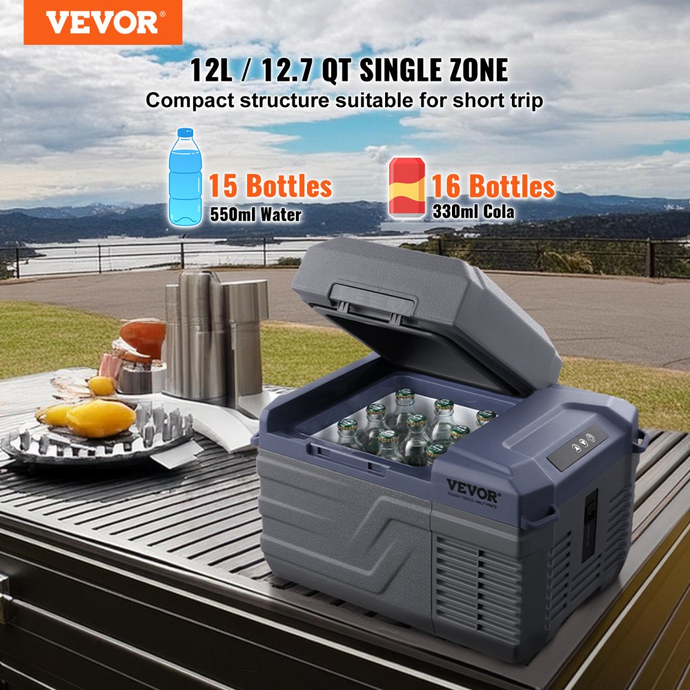 VEVOR Autokoelkast, 12-volt autokoelkast, draagbare 12-liter vriezer met één temperatuurzone, instelbaar temperatuurbereik van -4℉ tot 68℉, 12/24V DC en 100-240V AC compressor koeler voor buiten, kamperen en camperen