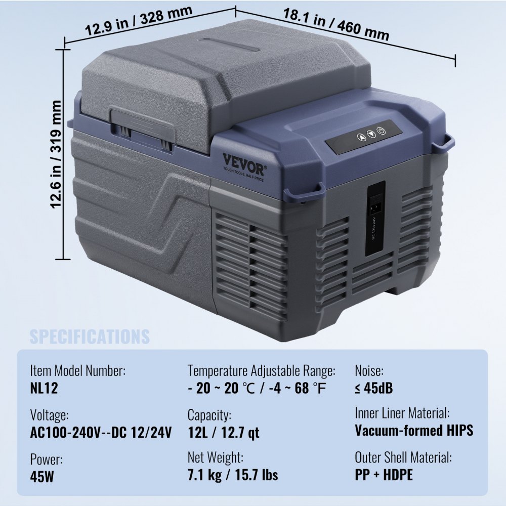 VEVOR Autokoelkast, 12-volt autokoelkast, draagbare 12-liter vriezer met één temperatuurzone, instelbaar temperatuurbereik van -4℉ tot 68℉, 12/24V DC en 100-240V AC compressor koeler voor buiten, kamperen en camperen