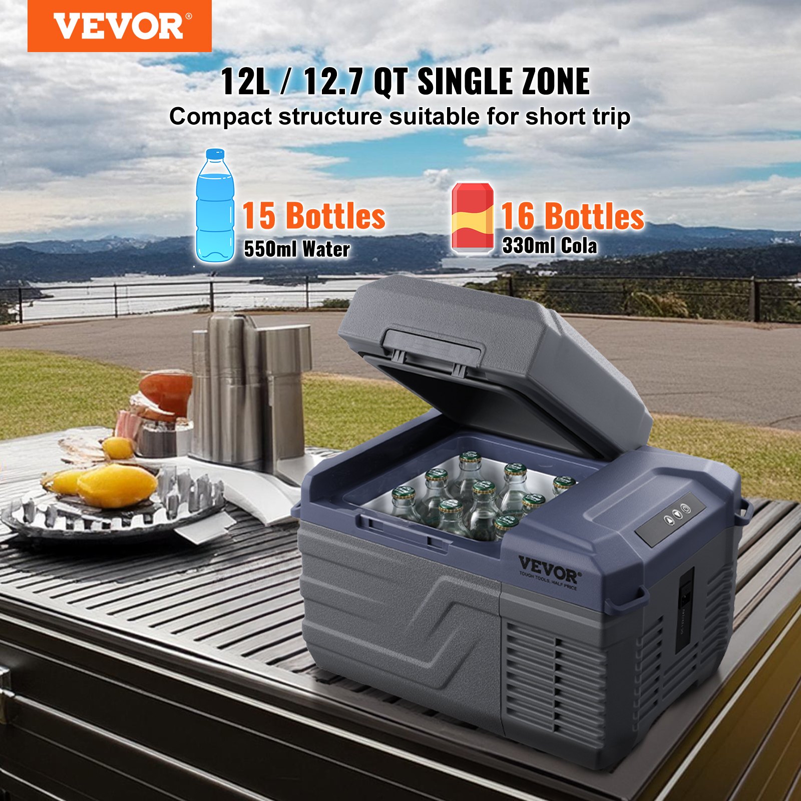 VEVOR Autokoelkast, 12-volt autokoelkast, draagbare 12-liter vriezer met één temperatuurzone, instelbaar temperatuurbereik van -4℉ tot 68℉, 12/24V DC en 100-240V AC compressor koeler voor buiten, kamperen en camperen