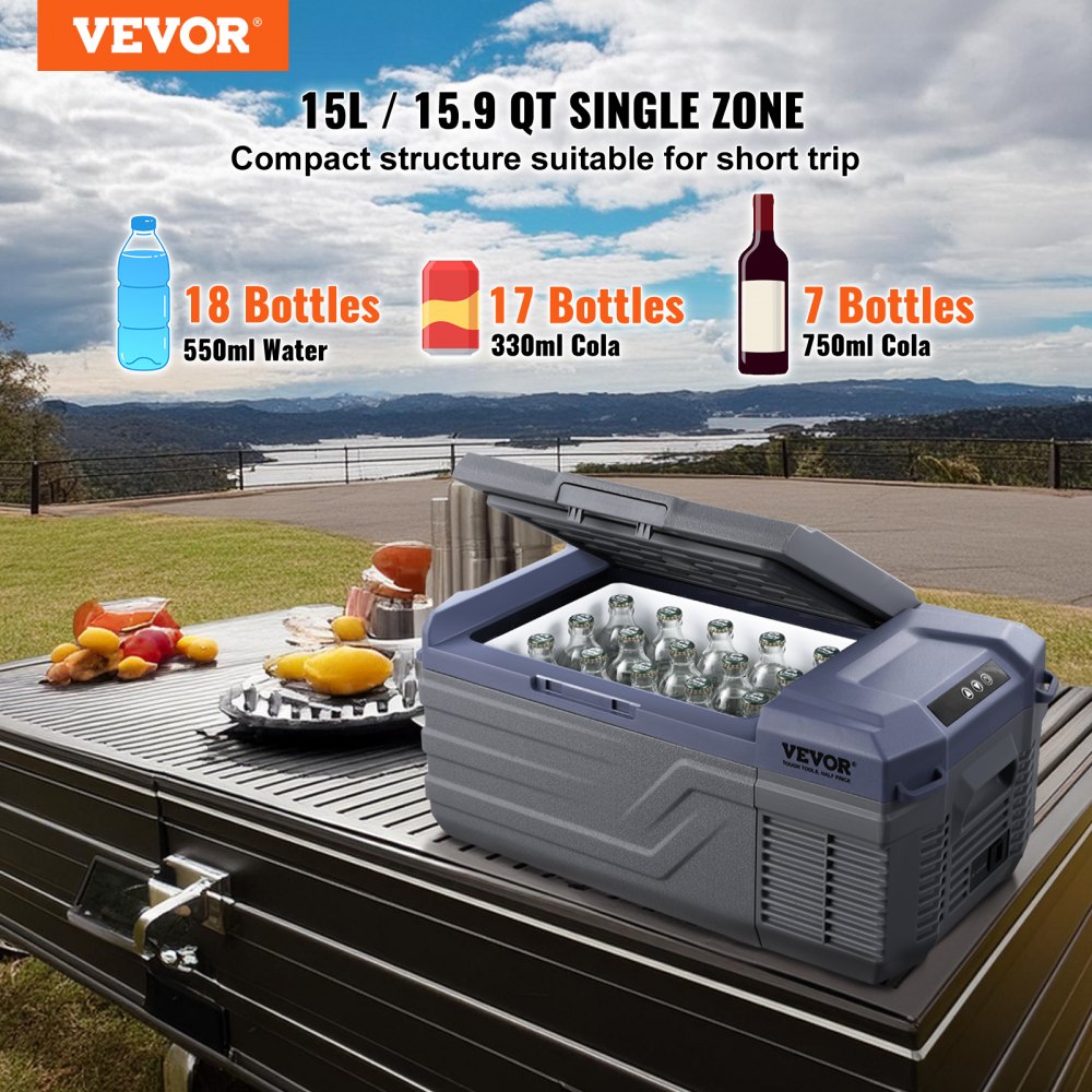 VEVOR Autokoelkast, 12-volt autokoelkast, draagbare 15-liter vriezer met één temperatuurzone, instelbaar temperatuurbereik van -4℉ tot 68℉, 12/24V DC en 100-240V AC compressor koeler voor buiten, kamperen en camperen
