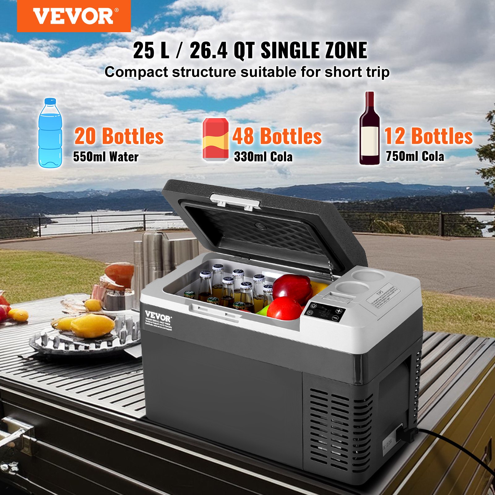 VEVOR 25L Compressor Koelbox met Vriesvak en LED-display voor op Reis, -20 tot 20°C, 12/24V DC en 110/240V AC, Draagbare Autokoelkast met ECO/MAX-modus voor Auto, Camping, Boot en Camper
