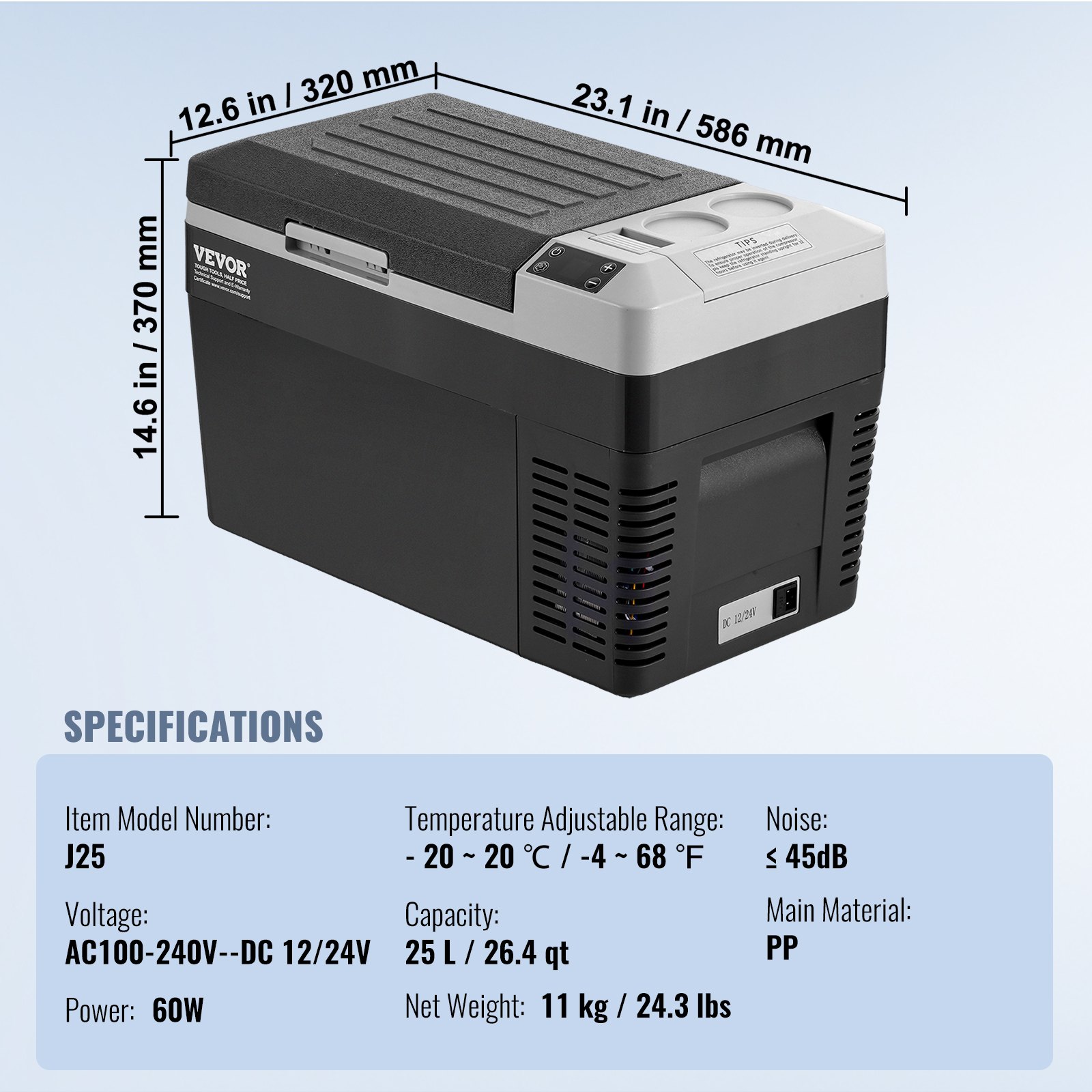 VEVOR 25L Compressor Koelbox met Vriesvak en LED-display voor op Reis, -20 tot 20°C, 12/24V DC en 110/240V AC, Draagbare Autokoelkast met ECO/MAX-modus voor Auto, Camping, Boot en Camper