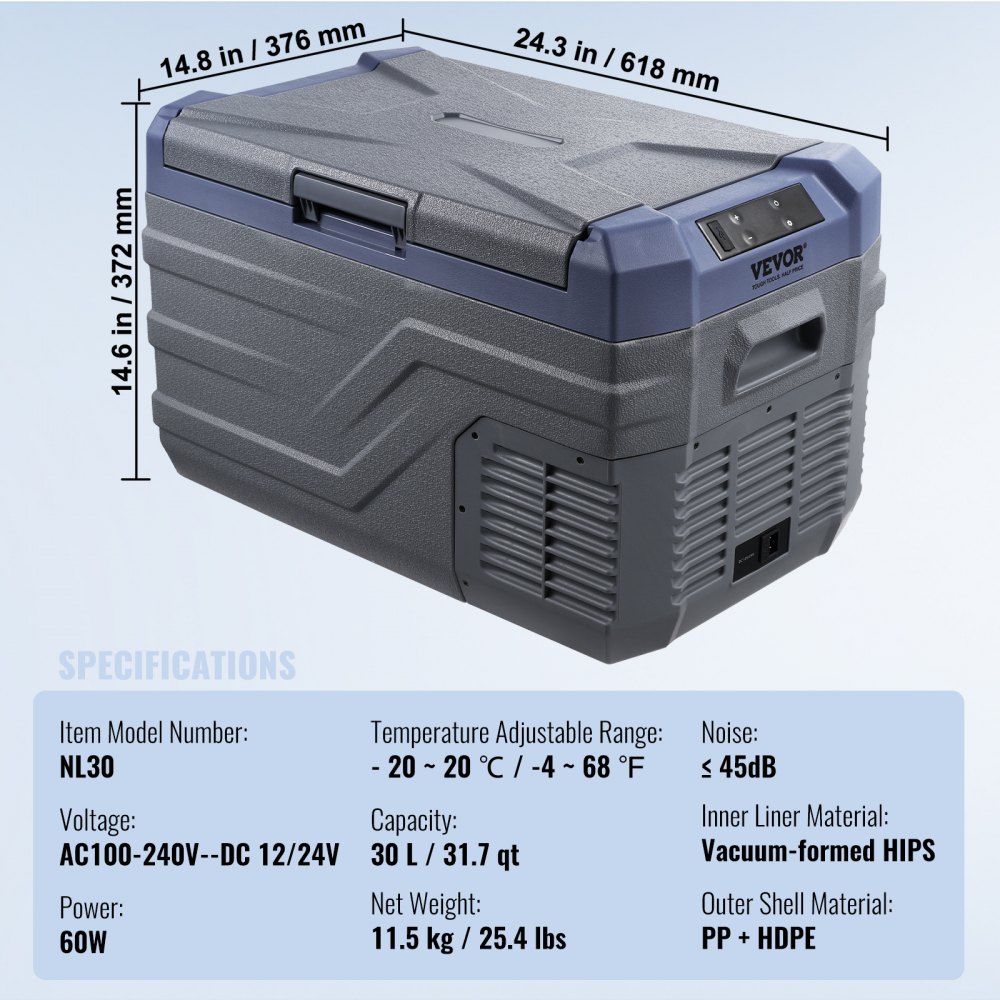VEVOR Autokoelkast, 12-volt autokoelkast, draagbare 30-liter vriezer met één temperatuurzone en ingebouwde verlichting, -20°C tot 20°C, 12/24V DC en 100-240V AC compressor koeler voor buiten, kamperen en camperen