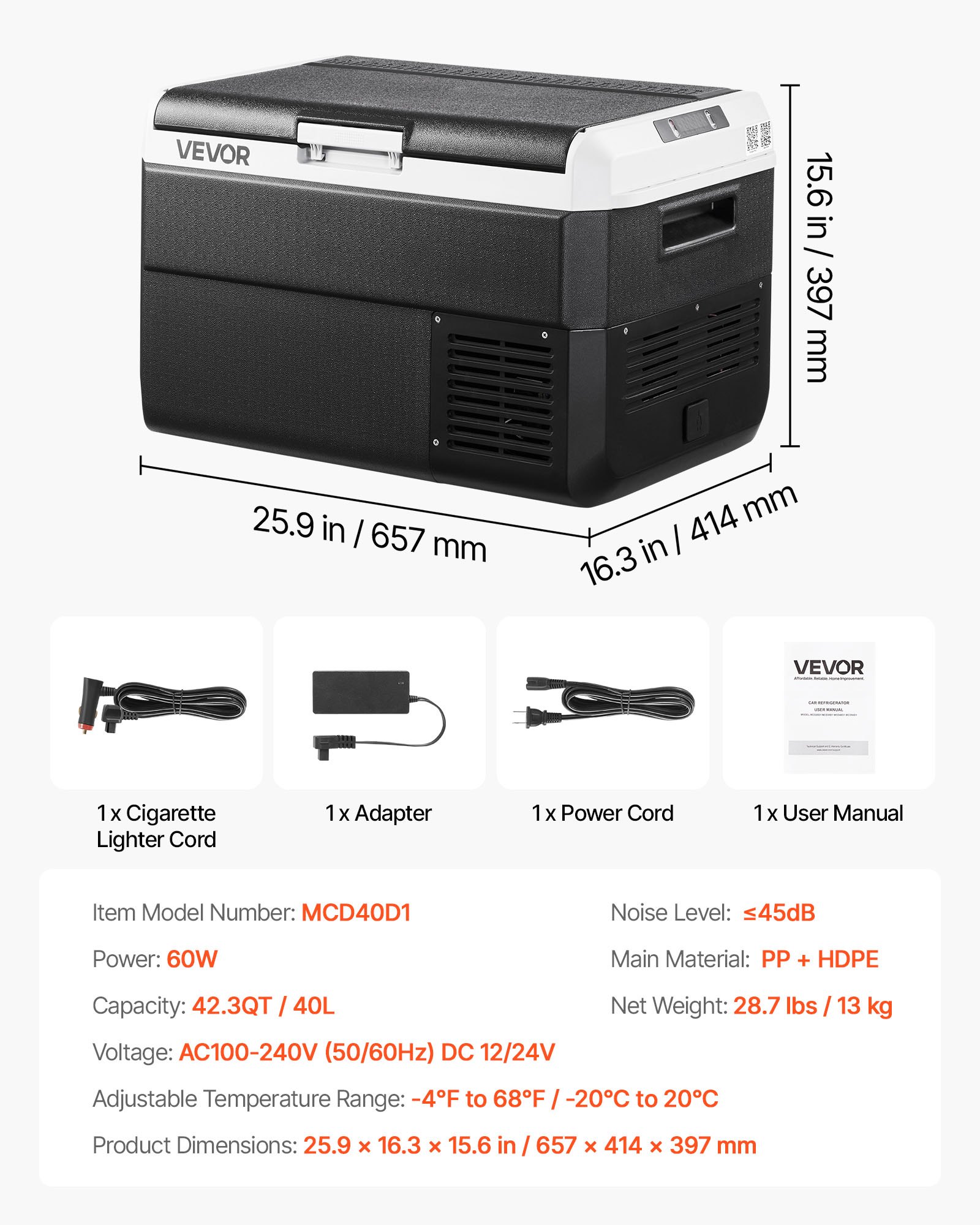 VEVOR Compressor Koelbox 40L, Draagbare Autokoelkast met Instelbare Temperatuur en App-bediening, Koelkast 12/24V DC en 100-240V AC voor Buitenactiviteiten zoals Kamperen, Reizen en Campers