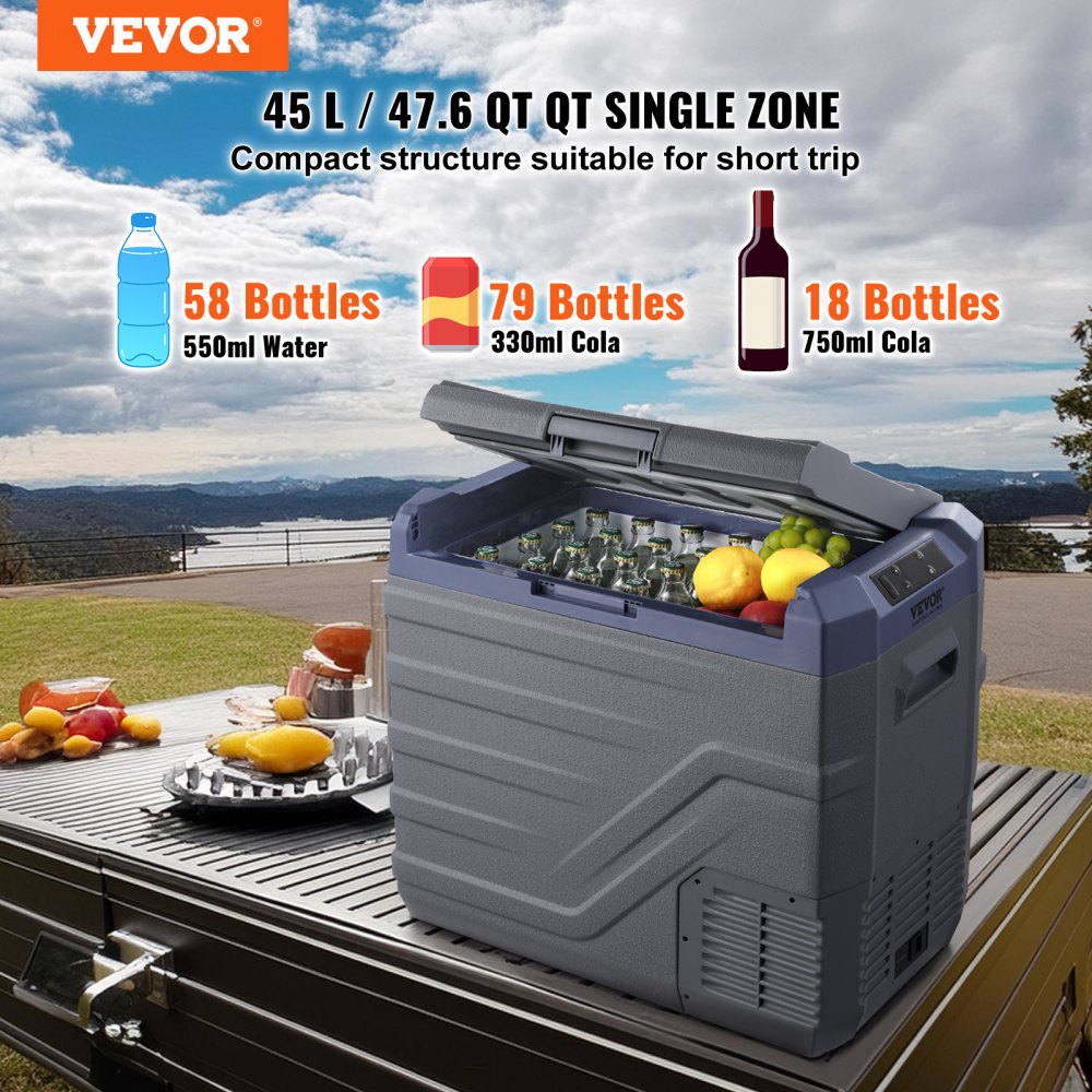 VEVOR Autokoelkast, 12-volt autokoelkast, 45 liter draagbare vriezer met één temperatuurzone en ingebouwde verlichting, -20°C tot 20°C, 12/24V DC en 100-240V AC compressor koeler voor buitengebruik, kamperen en camperen.