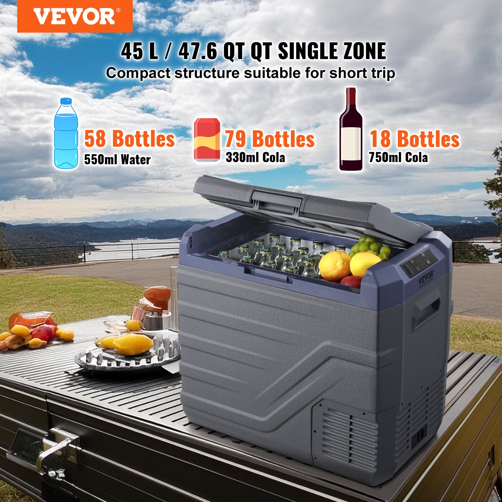 VEVOR Autokoelkast, 12-volt autokoelkast, 45 liter draagbare vriezer met één temperatuurzone en ingebouwde verlichting, -20°C tot 20°C, 12/24V DC en 100-240V AC compressor koeler voor buitengebruik, kamperen en camperen.