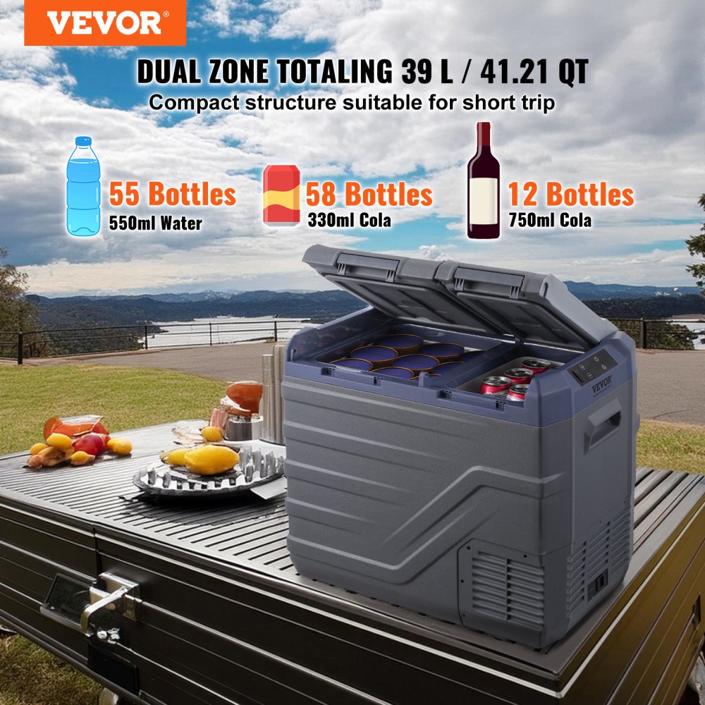 VEVOR Autokoelkast, 39L Draagbare Vriezer met Dubbele Zone, 12 Volt Autokoelkast, -20 tot 20℃ Instelbaar Temperatuurbereik, 12/24V DC en 100-240V AC Compressor Koeler voor Camping, Camper