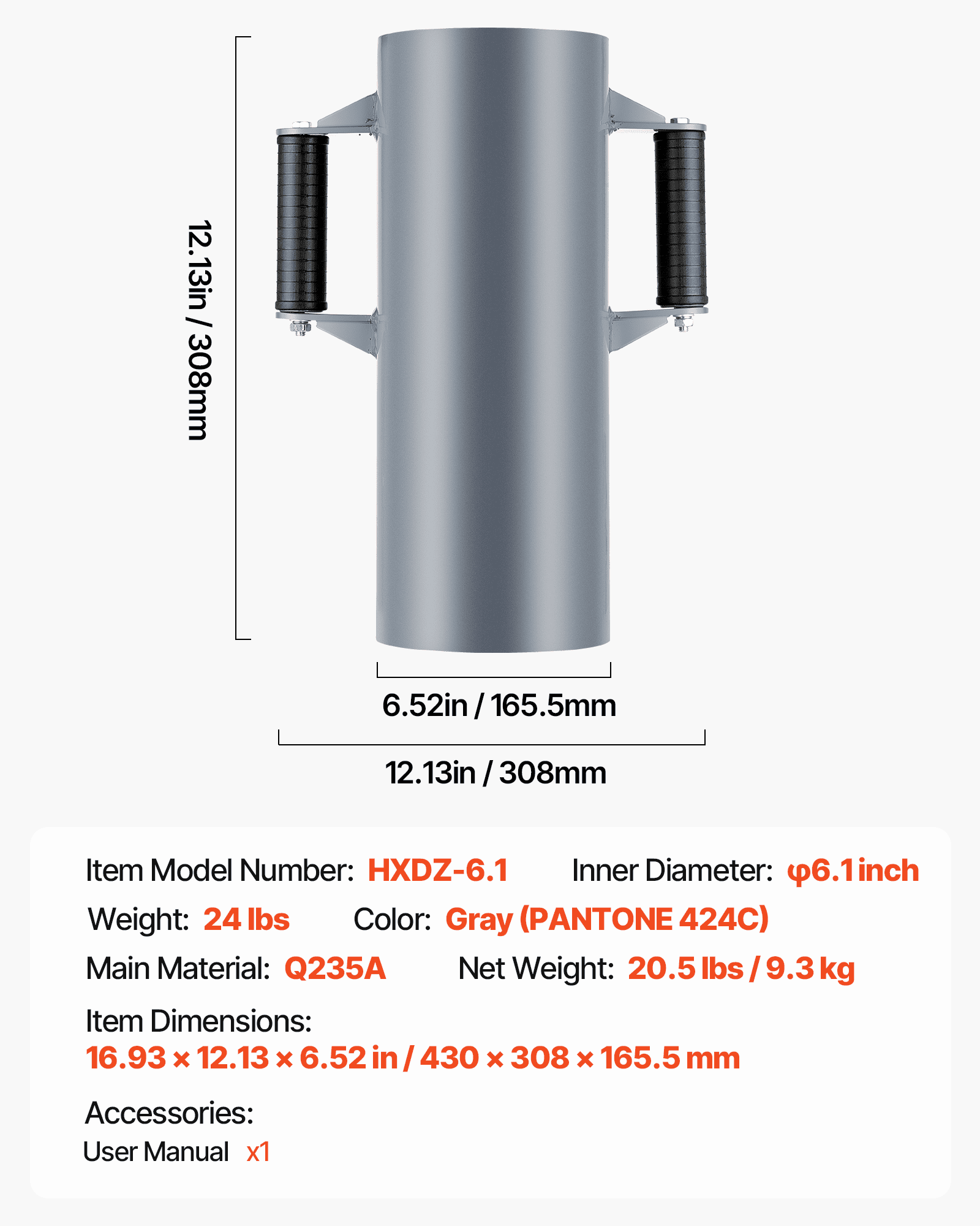 VEVOR Fence Post Driver, Heavy Duty T Post Driver with Handles, Metal Manual Pounder Rammer for U-Channel,Wooden Fence, Fits T-Posts with Inner Diameter up to 6.1in,Ideal for Farm, Garden, Yard