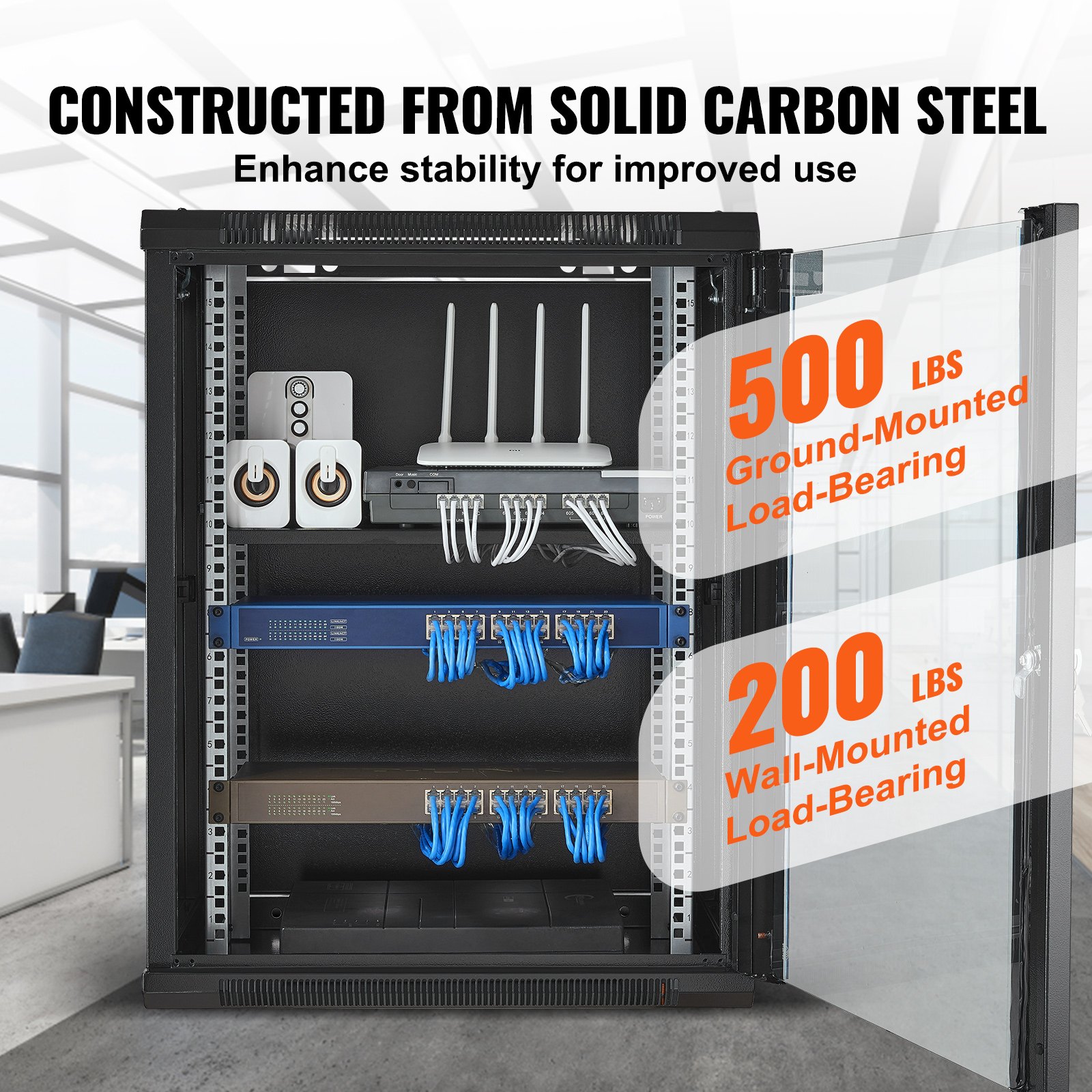 VEVOR 15U Wall Mount Network Cabinet, 500 lbs Max. Ground Load Capacity, Server Rack Cabinet Enclosure with Locking Tempered Glass Door, Side Panels, Q235 Carbon Steel, for IT Equipment, A/V Devices