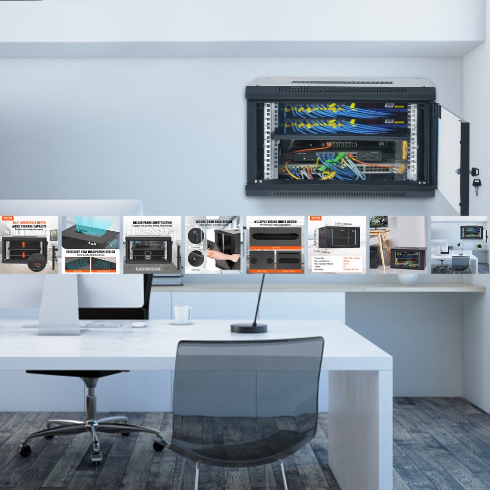 VEVOR 6U wandgemonteerde netwerkserverkast, 15,5 inch diep, serverrackbehuizing, max. 200 lbs. vloergemonteerd laadvermogen, met afsluitbare glazen deur en zijpanelen, voor IT-apparatuur, audiovisuele apparatuur