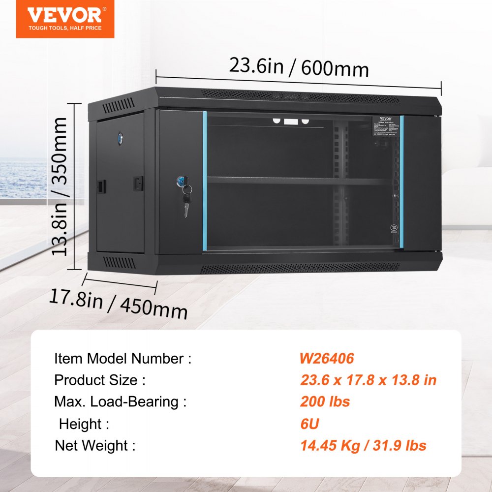 VEVOR 6U wandgemonteerde netwerkserverkast, 15,5 inch diep, serverrackbehuizing, max. 200 lbs. vloergemonteerd laadvermogen, met afsluitbare glazen deur en zijpanelen, voor IT-apparatuur, audiovisuele apparatuur