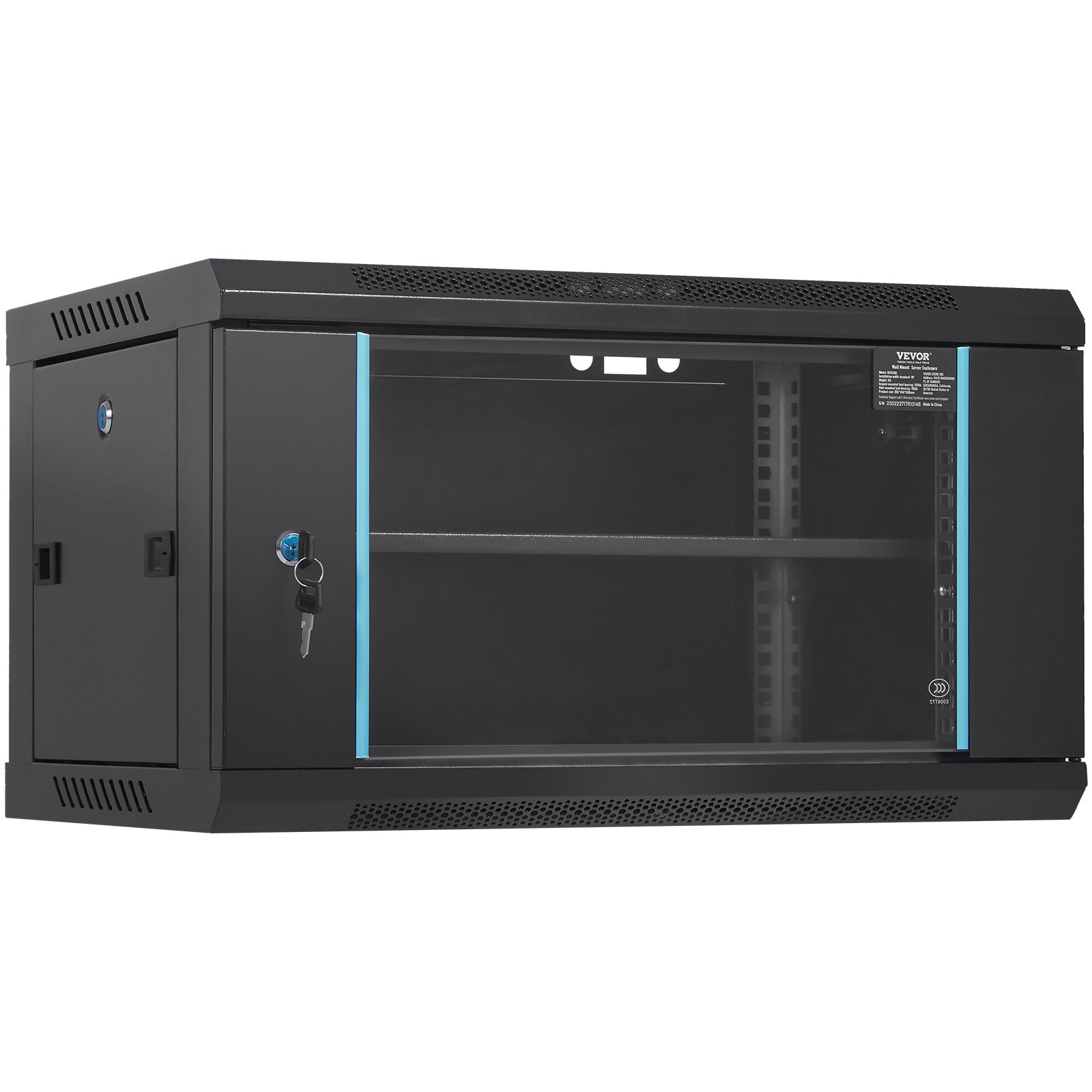VEVOR 6U wandgemonteerde netwerkserverkast, 15,5 inch diep, serverrackbehuizing, max. 200 lbs. vloergemonteerd laadvermogen, met afsluitbare glazen deur en zijpanelen, voor IT-apparatuur, audiovisuele apparatuur