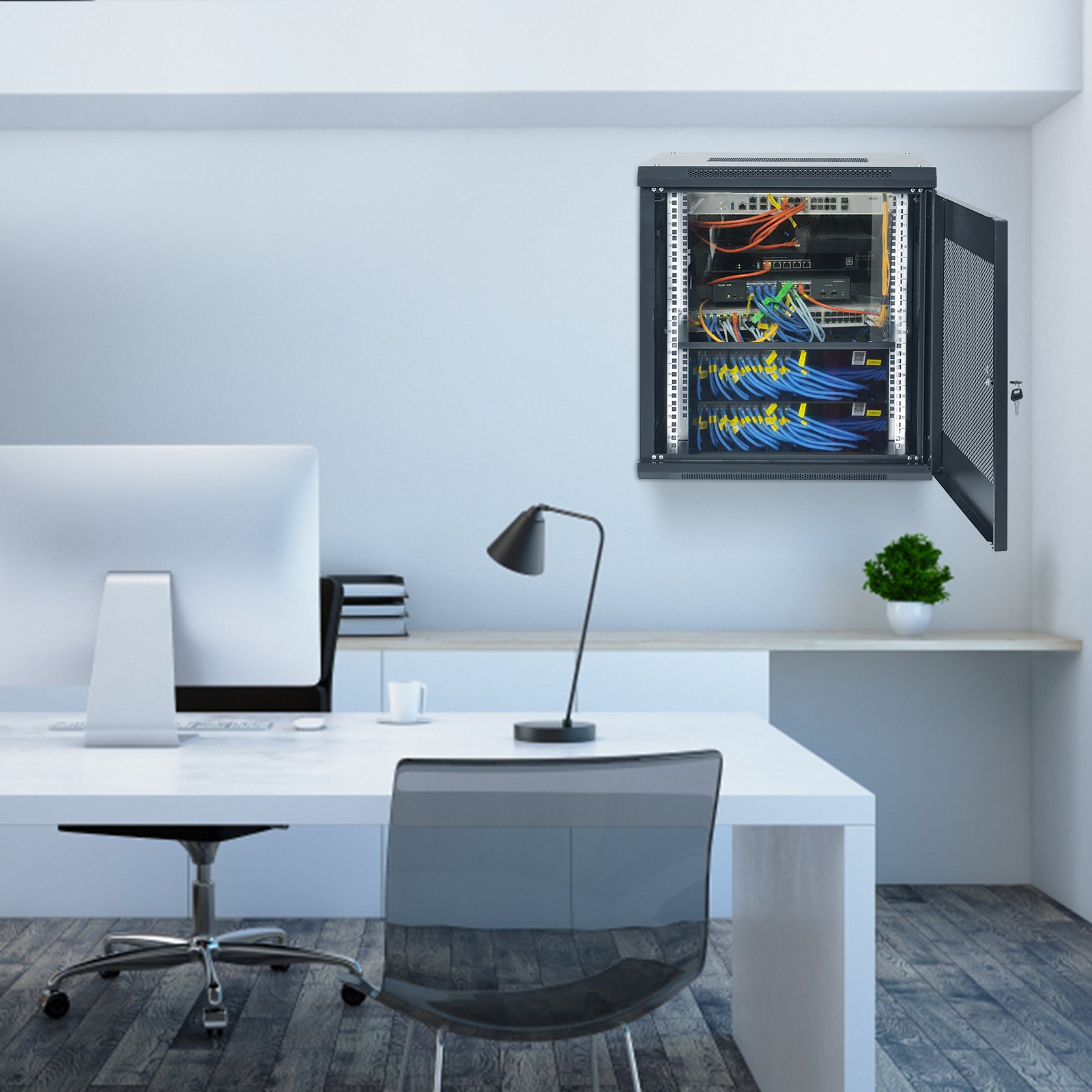 VEVOR 12U wandgemonteerde netwerkserverkast, 15,5 inch diep, serverrackbehuizing, max. 200 lbs. vloergemonteerd laadvermogen, met afsluitbare zijpanelen, voor IT-apparatuur, audiovisuele apparatuur