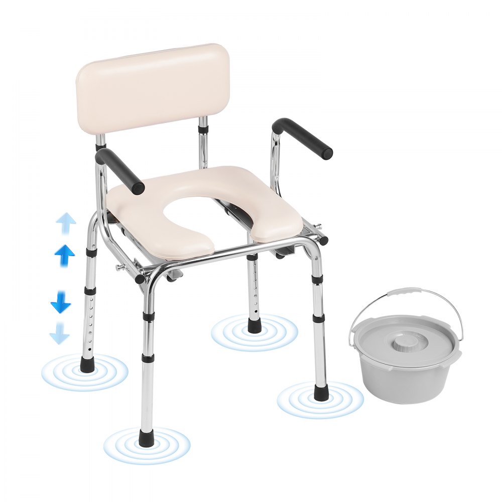 adjustable VEVOR commode chair with cushioned seat and backrest, detachable pail, and non-slip legs.