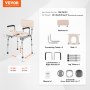 VEVOR commode chair, adjustable height, easy assembly with labeled parts: backrest, seat, tubes, armrests.