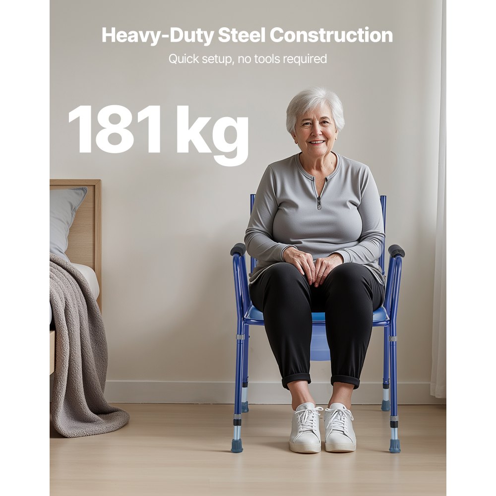 VEVOR Bedside Commode Chair, 181 kg Weight Capacity, 3-in-1 Portable Toilet and Raised Toilet Seat with Padded Seat and Backrest, Detachable 5L Bucket, Adjustable Height Adult Potty Chair for Seniors