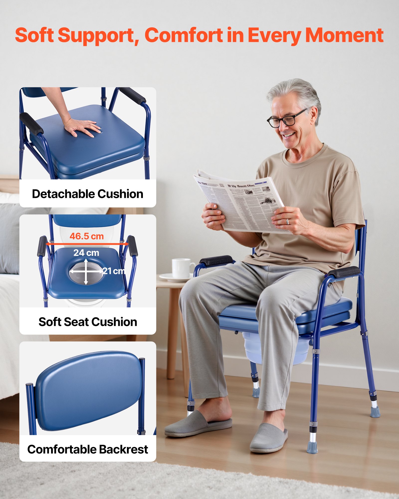 VEVOR Bedside Commode Chair, 181 kg Weight Capacity, 3-in-1 Portable Toilet and Raised Toilet Seat with Padded Seat and Backrest, Detachable 5L Bucket, Adjustable Height Adult Potty Chair for Seniors