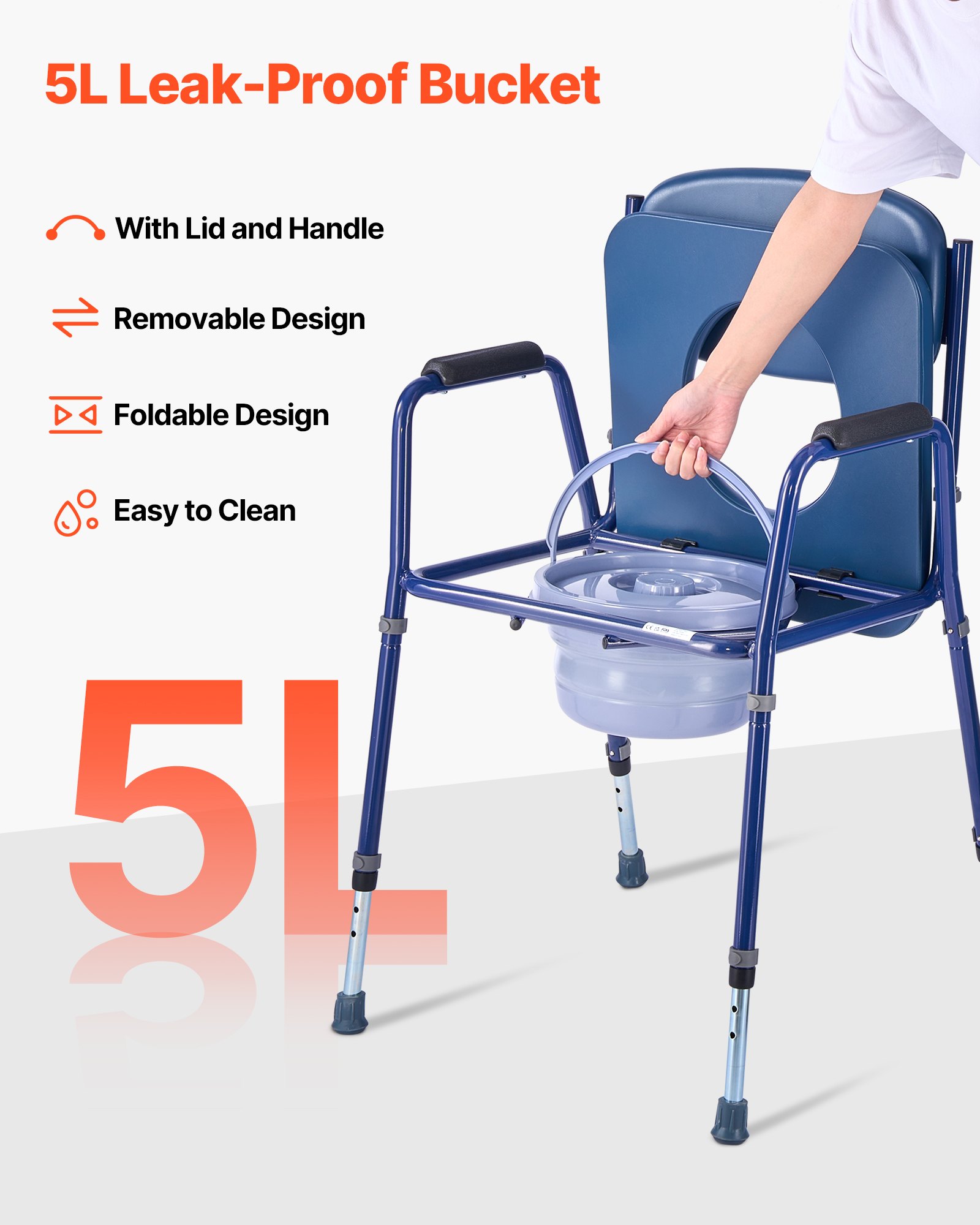 VEVOR Bedside Commode Chair, 181 kg Weight Capacity, 3-in-1 Portable Toilet and Raised Toilet Seat with Padded Seat and Backrest, Detachable 5L Bucket, Adjustable Height Adult Potty Chair for Seniors