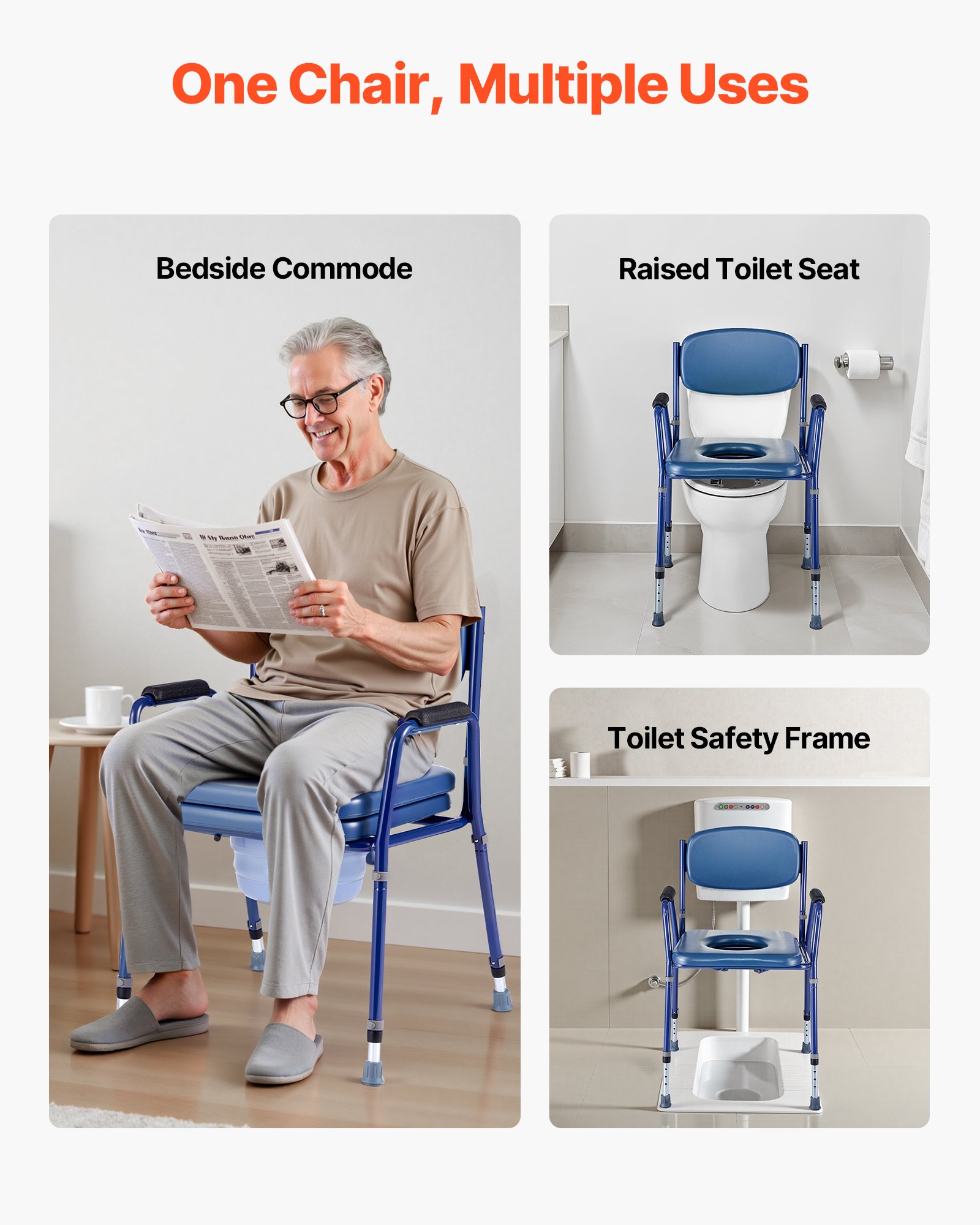 VEVOR Bedside Commode Chair, 181 kg Weight Capacity, 3-in-1 Portable Toilet and Raised Toilet Seat with Padded Seat and Backrest, Detachable 5L Bucket, Adjustable Height Adult Potty Chair for Seniors