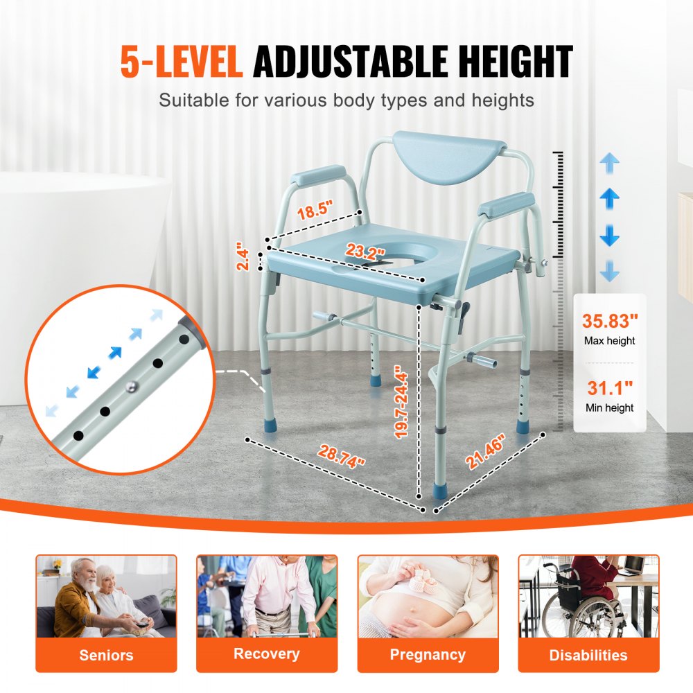 VEVOR Commode Stoel Nachtkastje met neerklapbare armleuningen en afneembare rugleuning, 5-standen in hoogte verstelbaar (50-62 cm), afneembare emmer van 7 liter, eenvoudig te monteren, draagvermogen 453,6 kg