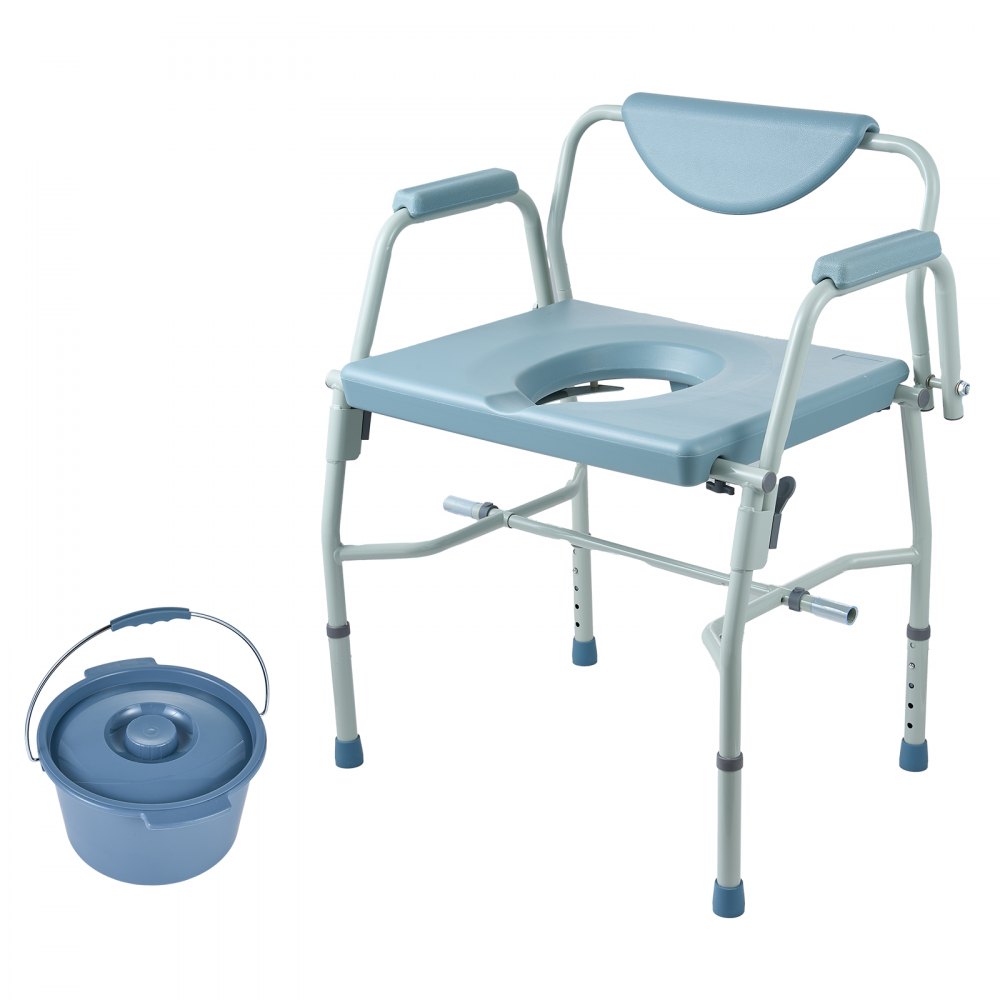 VEVOR Commode Stoel Nachtkastje met neerklapbare armleuningen en afneembare rugleuning, 5-standen in hoogte verstelbaar (50-62 cm), afneembare emmer van 7 liter, eenvoudig te monteren, draagvermogen 453,6 kg