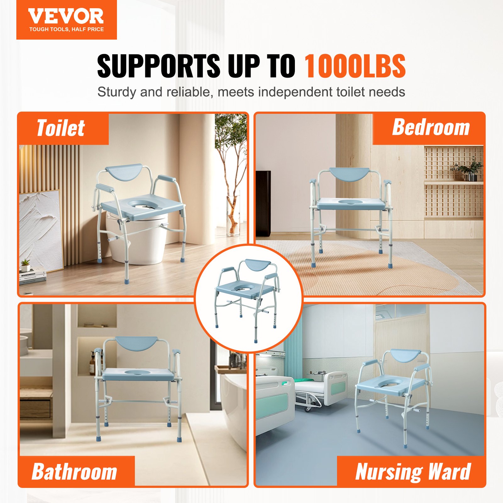 VEVOR Commode Stoel Nachtkastje met neerklapbare armleuningen en afneembare rugleuning, 5-standen in hoogte verstelbaar (50-62 cm), afneembare emmer van 7 liter, eenvoudig te monteren, draagvermogen 453,6 kg