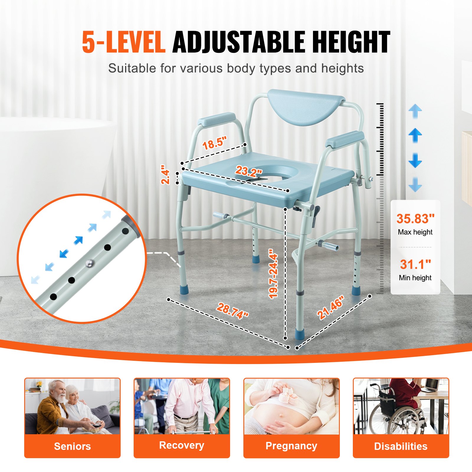 VEVOR Commode Stoel Nachtkastje met neerklapbare armleuningen en afneembare rugleuning, 5-standen in hoogte verstelbaar (50-62 cm), afneembare emmer van 7 liter, eenvoudig te monteren, draagvermogen 453,6 kg