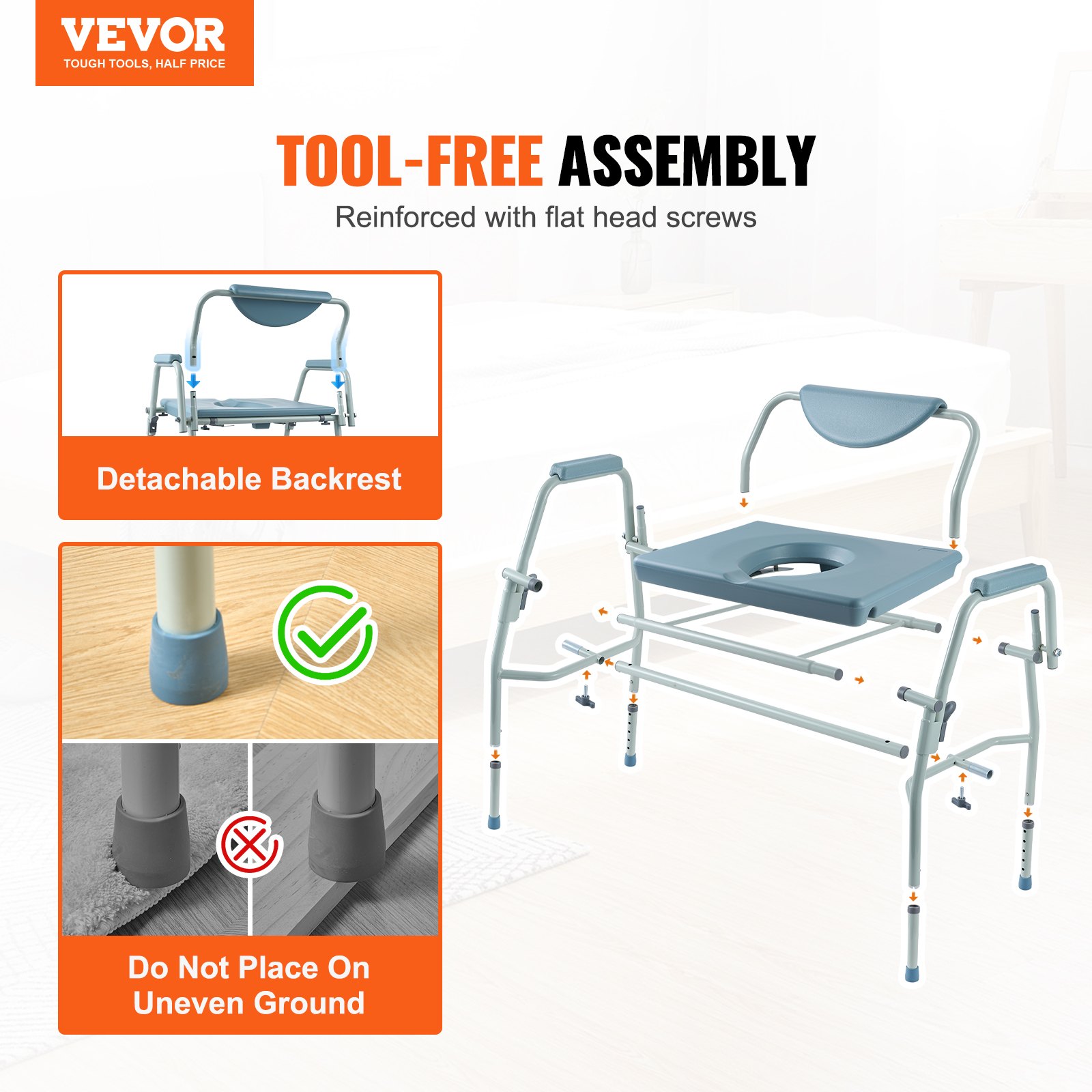 VEVOR Commode Stoel Nachtkastje met neerklapbare armleuningen en afneembare rugleuning, 5-standen in hoogte verstelbaar (50-62 cm), afneembare emmer van 7 liter, eenvoudig te monteren, draagvermogen 453,6 kg
