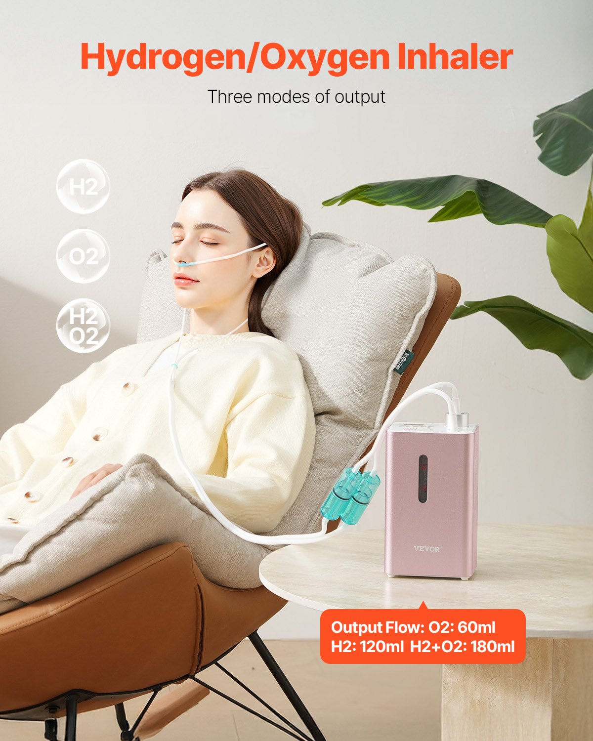 VEVOR Hydrogen Inhalation Machine, 99.99% High Purity Hydrogen Inhaler, HO-Separated 180ml/min (120 H+60 O) Dual Port Hydrogen Oxygen Inhaler, Hydrogen-Rich Water Generator for Home Travel