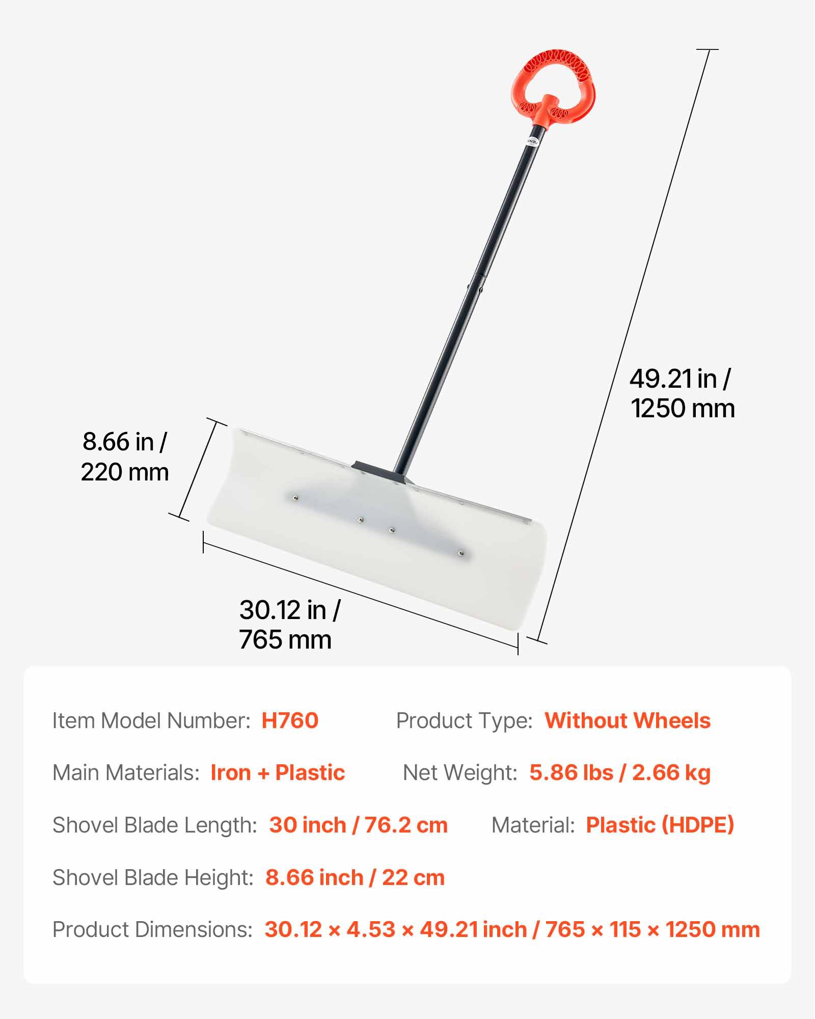 VEVOR sneeuwschep, 76 cm sneeuwschuiver met ergonomische handgreep, HDPE kunststof blad, sneeuwruimer, sneeuwploeg, draagbaar sneeuwruimgereedschap voor oprit en tuin