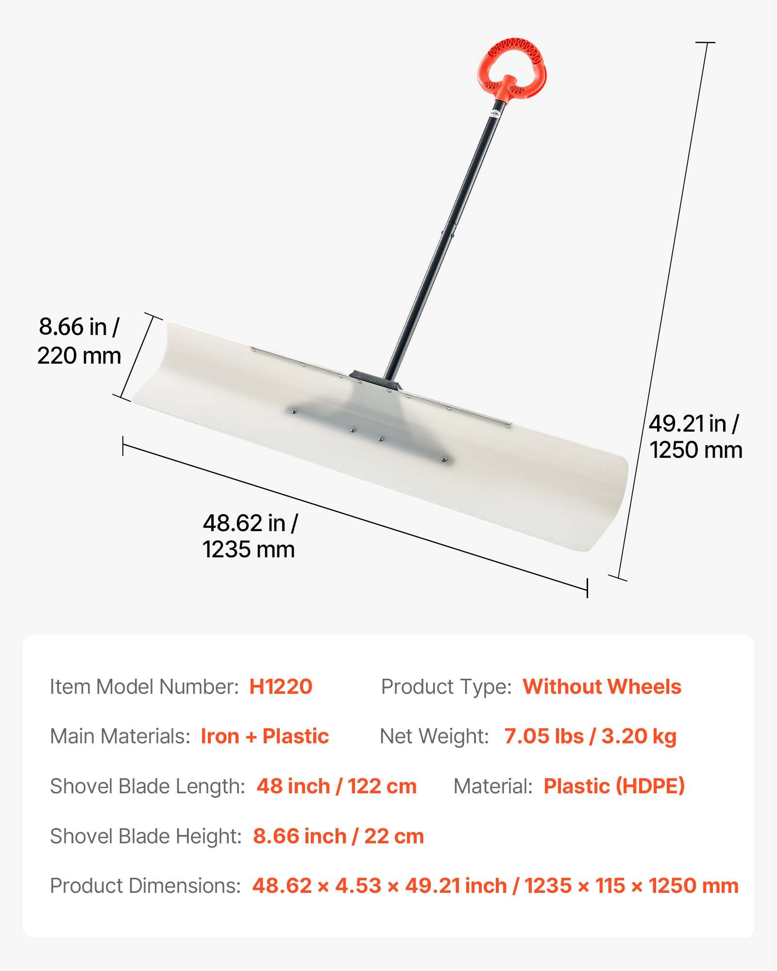VEVOR Sneeuwschuiver, 1235x1250 mm Sneeuwruimer met ergonomische handgreep, HDPE-schepblad, sneeuwruimgereedschap, draagbare sneeuwschuiver voor het reinigen van opritten, trappen en trottoirs