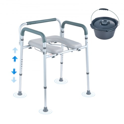 VEVOR Toiletstoel Commode met gevoerde zitting en armleuningen, in hoogte verstelbaar op 7 niveaus, verwijderbare emmer van 5,8 l, eenvoudig te monteren, capaciteit van 158 kg, verhoogde toiletbril