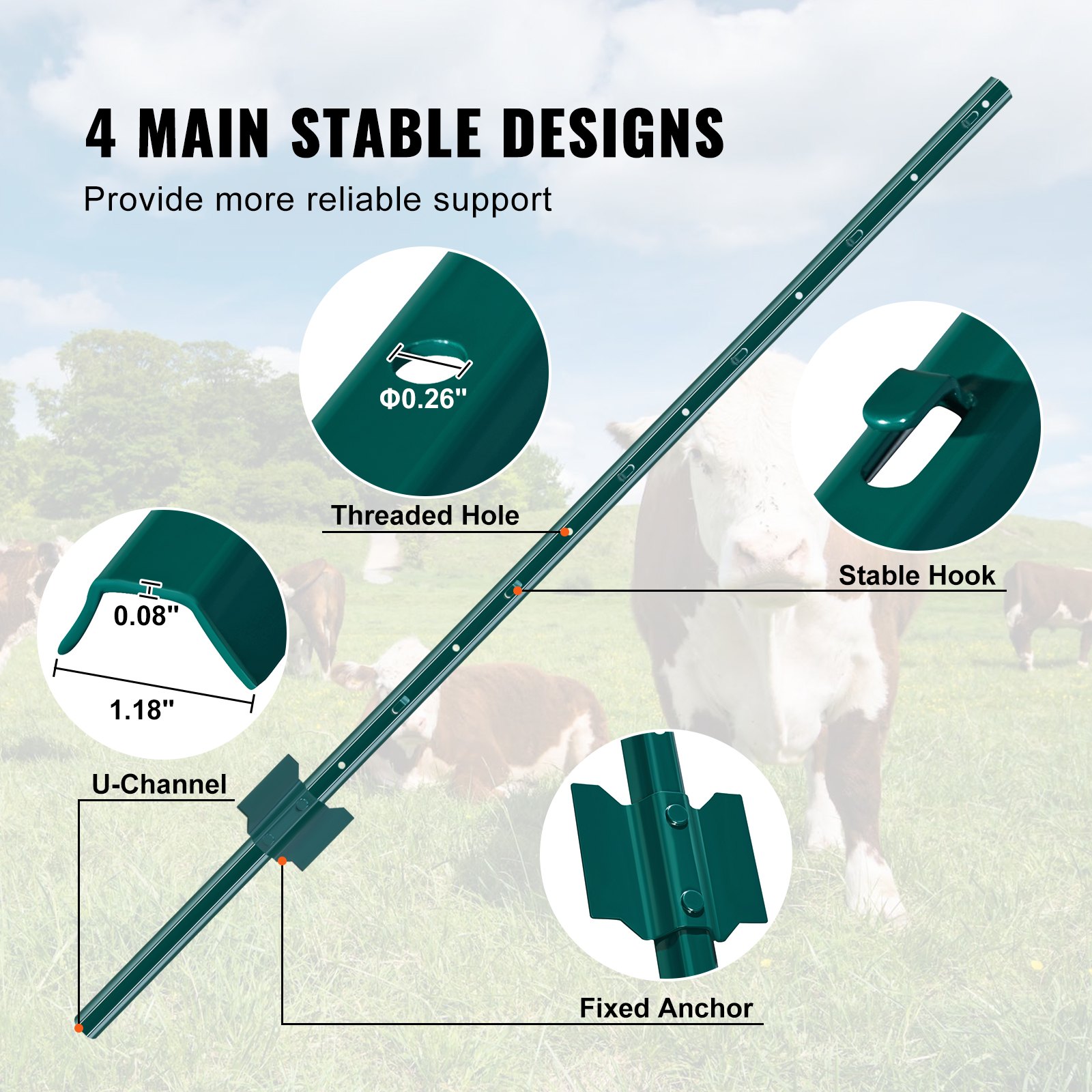 VEVOR 4 Feet Fence Post, 10 Pack U-Channel Heavy Duty Metal Fence Posts, Sturdy Steel Fence Stakes for Garden Yard, Lawn, Farms and Outdoor Wire Fencing, Green