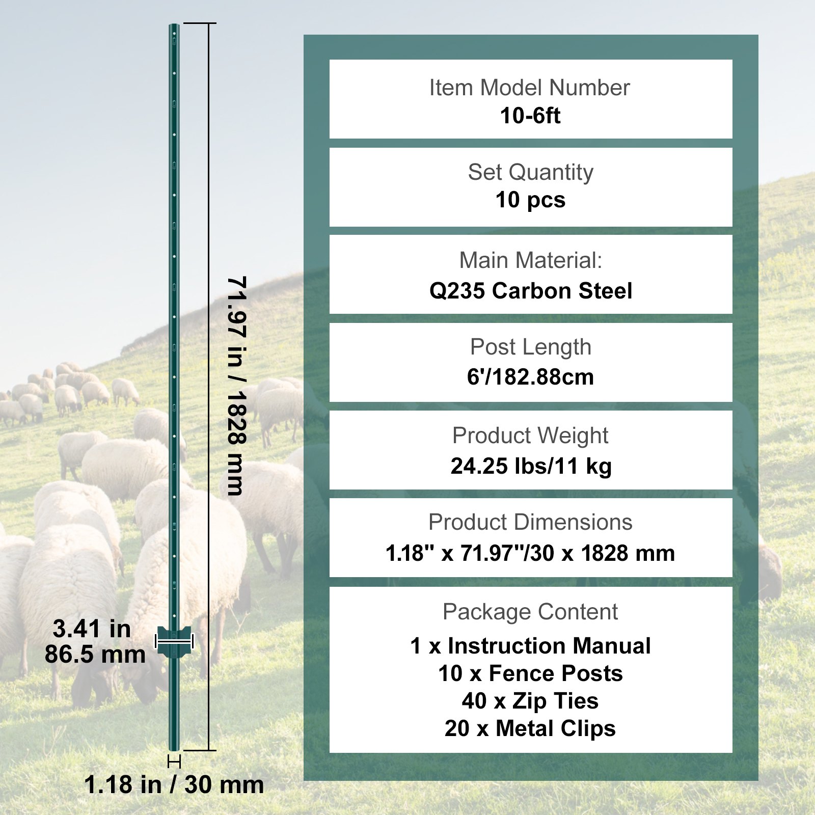VEVOR 6 Feet Fence Post, 10 Pack U-Channel Heavy Duty Metal Fence Posts, Sturdy Steel Fence Stakes for Garden Yard, Lawn, Farms and Outdoor Wire Fencing, Green