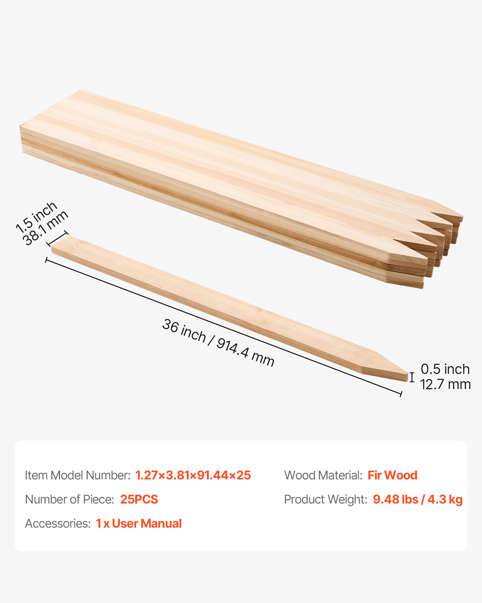 VEVOR Houten Palen, 25 stuks 12,7 x 38,1 x 914,4 mm Houten Palen, Scherpe Puntige Houten Palen, Vurenhouten Hekpalen, Modder Hekmarkeringen, Achtertuingrenzen, Basislijnen