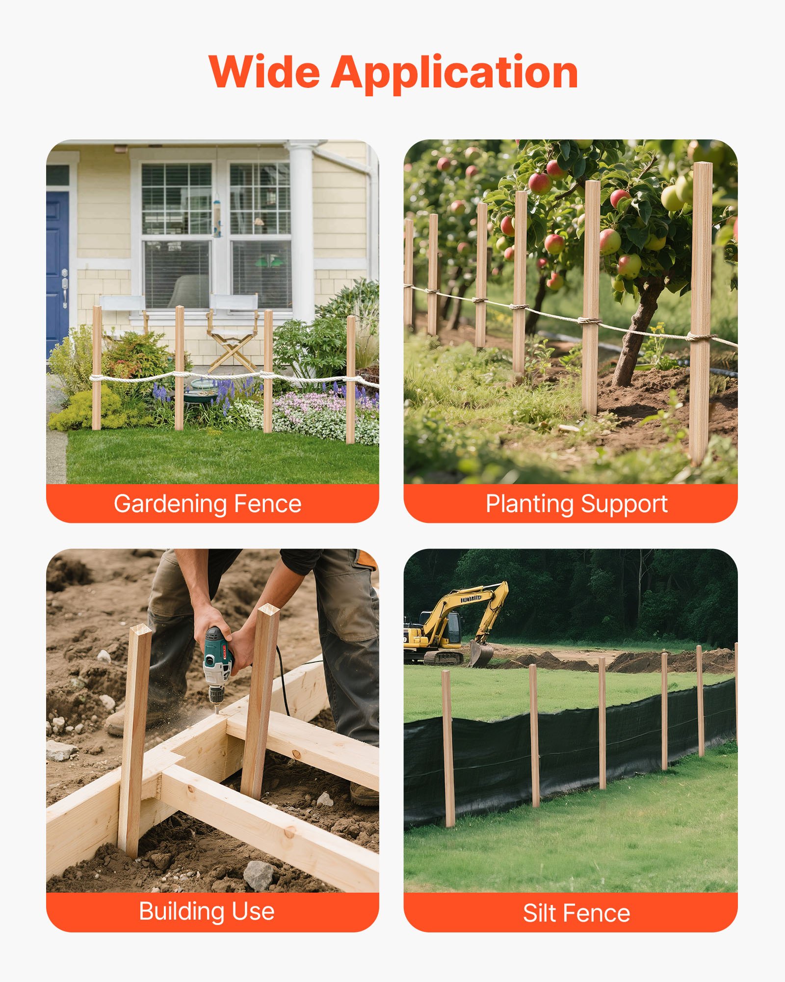 VEVOR Wooden Garden Stakes, 25 Pcs 36x0.75x0.75 in Survey Grading Stakes, Garden Ground Stake with Sharp Point, Fir Wood Plant Support Stake, Sign Posts for Silt Fence Backyard Boundaries Baselines