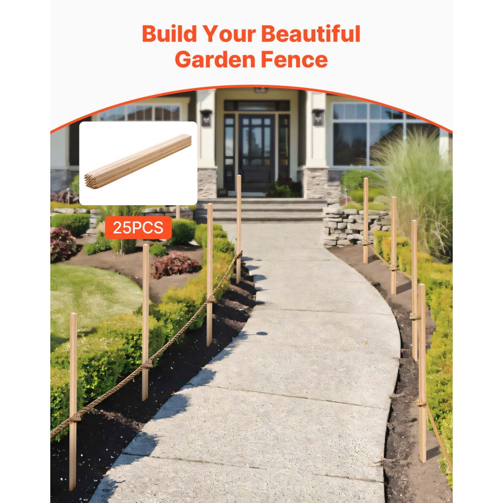 VEVOR Wooden Garden Stakes, 25 Pcs 48x0.75x0.75 in Survey Grading Stakes, Garden Ground Stake with Sharp Point, Fir Wood Plant Support Stake, Sign Posts for Silt Fence Backyard Boundaries Baselines