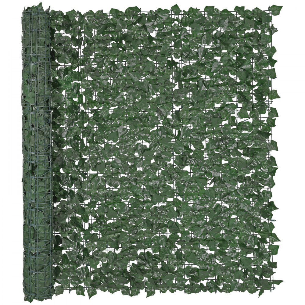 VEVOR ivy privacy fence rolled, showing dense green artificial leaves on a wire mesh backing.