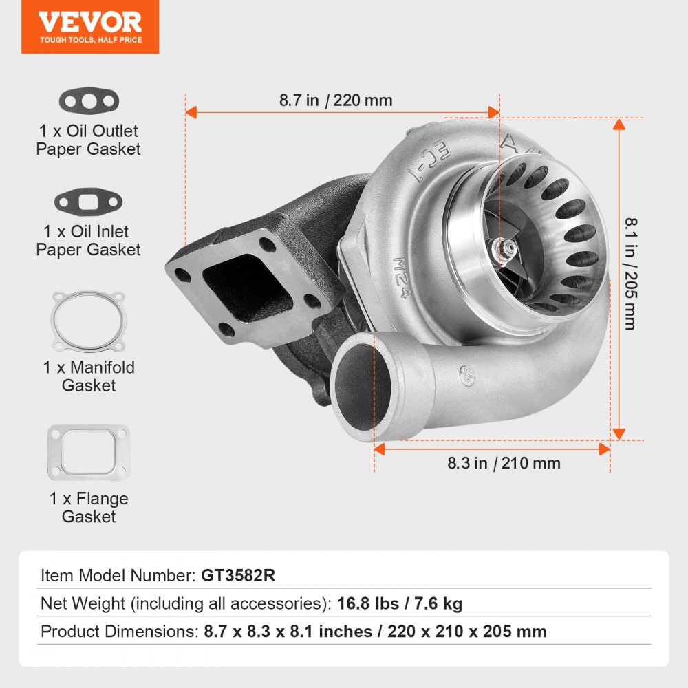 VEVOR Turbocompressor met pakkingset Turbocompressorvervanging voor automotoren Compatibel met 2,5L - 6L motorinhoud, hittebestendige motor Turbocompressor met K418-legering waaier