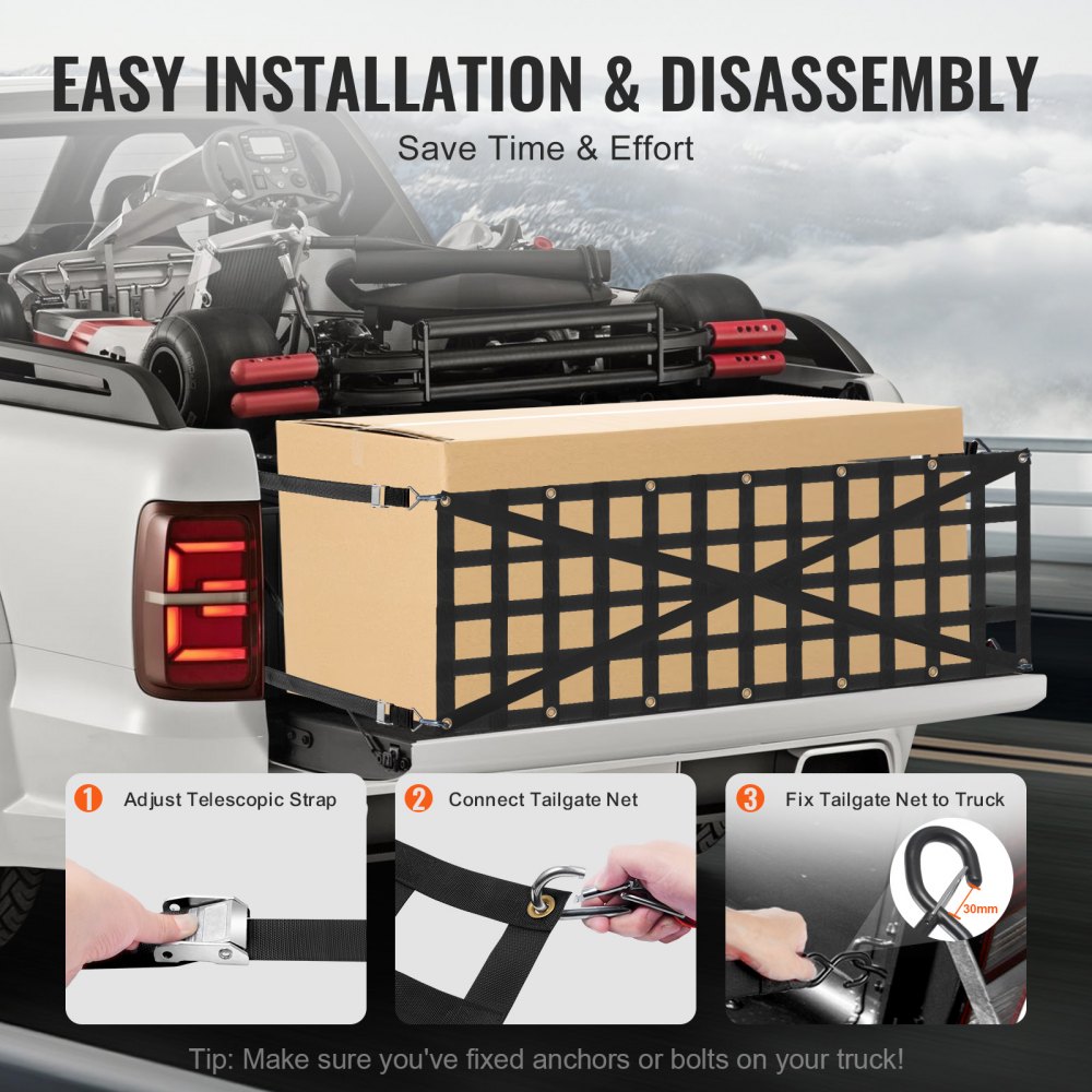 VEVOR Tailgate Net, 54 in x 18 in, Heavy Duty Cargo Net for Truck Bed with 4 Adjustable Telescopic Straps, Cross-reinforced Design, Extendable & Durable, Suitable for Pickup, Truck, Trailer, Jeep, SUV