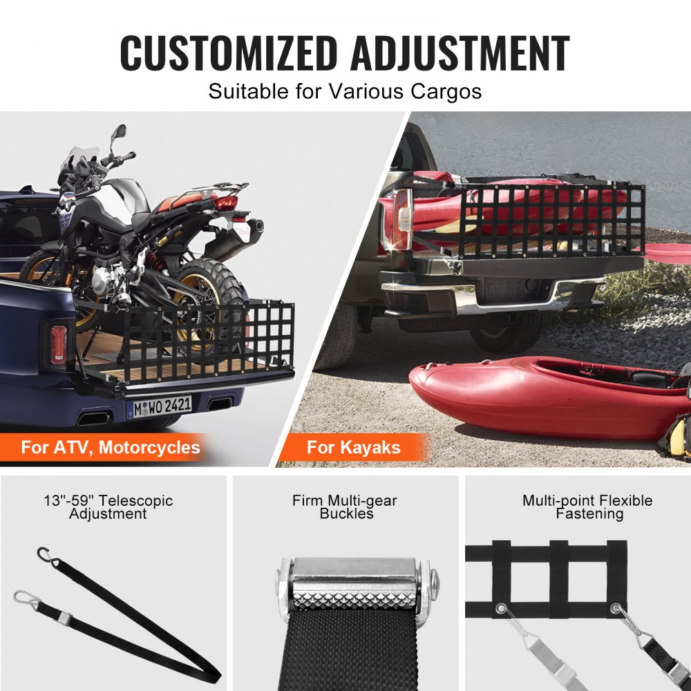 VEVOR Tailgate Net, 60 in x 18 in, Heavy Duty Cargo Net for Truck Bed with 4 Adjustable Telescopic Straps, Extendable & Durable, Flexible Adjustment, Suitable for Pickup, Trailer, Truck, Jeep, SUV