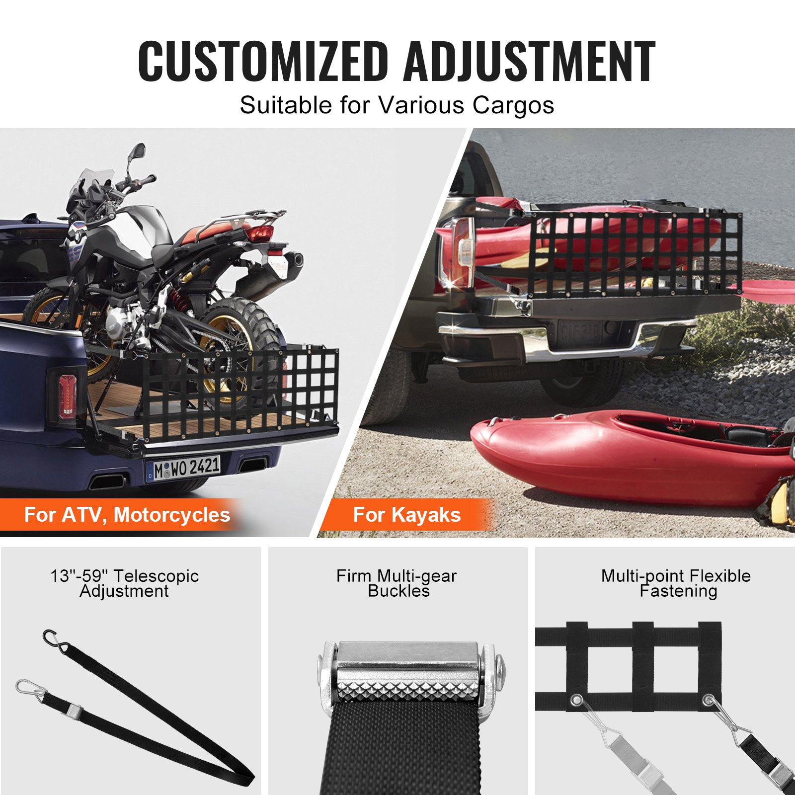 VEVOR Tailgate Net, 60 in x 18 in, Heavy Duty Cargo Net for Truck Bed with 4 Adjustable Telescopic Straps, Extendable & Durable, Flexible Adjustment, Suitable for Pickup, Trailer, Truck, Jeep, SUV