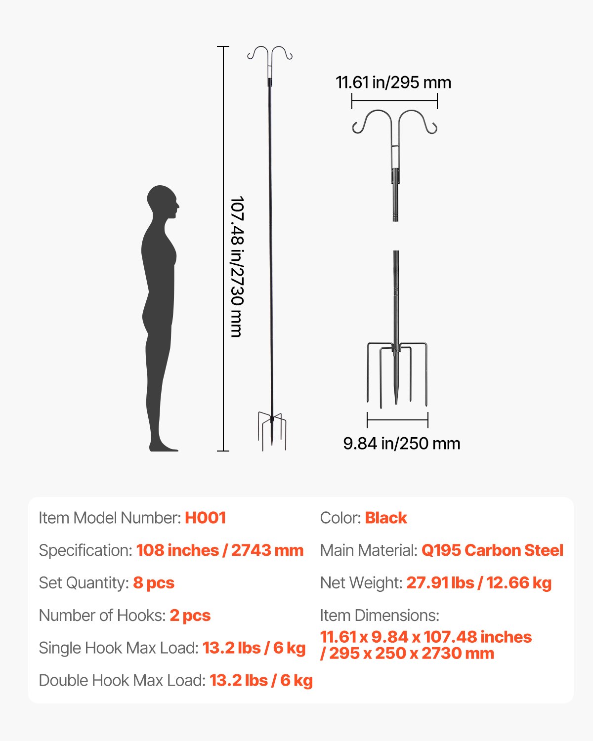 VEVOR Shepherd Hooks 8-pack, Shepherd Hooks 273 cm, dubbele tuinhaaklantaarnpaal, 1,9 cm dikke tuinhaken voor het ophangen van kolibrievoeders, plantenmanden, zonnelantaarns en windgongen