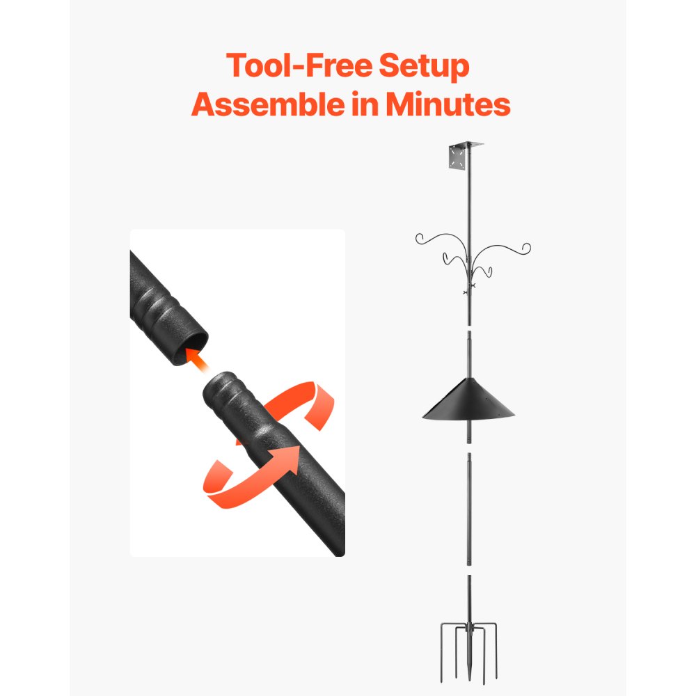 VEVOR 4-Hook Wild Bird Feeder Stand Pole, 2370 mm Bird Feeding Station Kit, 25 mm Diameter Bird House Hanging Hooks with Squirrel Guard Baffle, Heavy Duty Multi-Feeder Stand Easy to Install