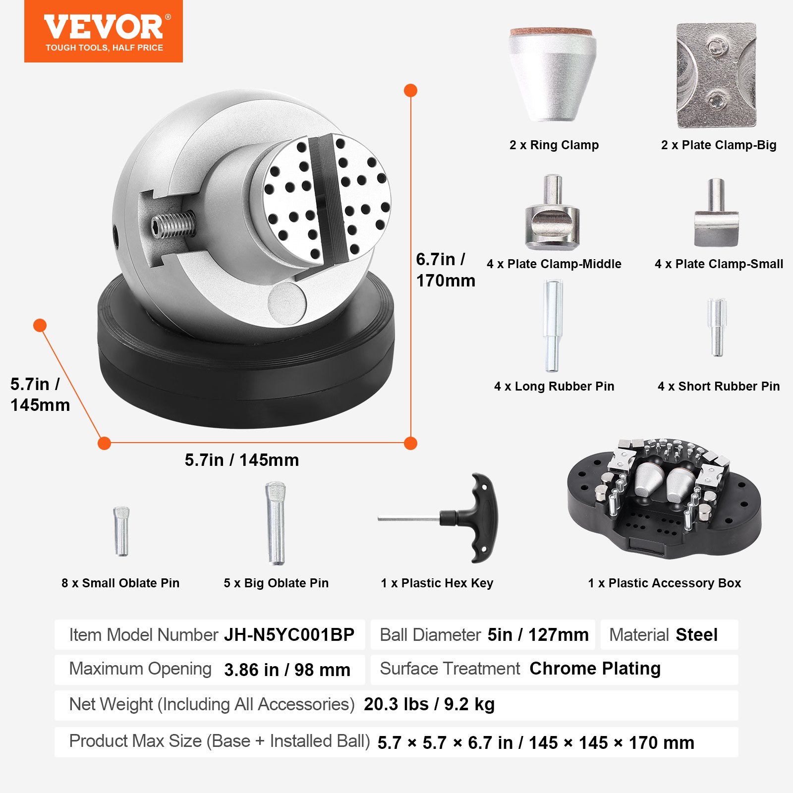 VEVOR Ball Vise, 5-inch graveergereedschap, 360° draaibare graveerblokbankschroef, 35-delige bevestiging, graveerblokgereedschap voor sieraden, standaardblok voor edelsteeninleg en kleine graveerwerkzaamheden