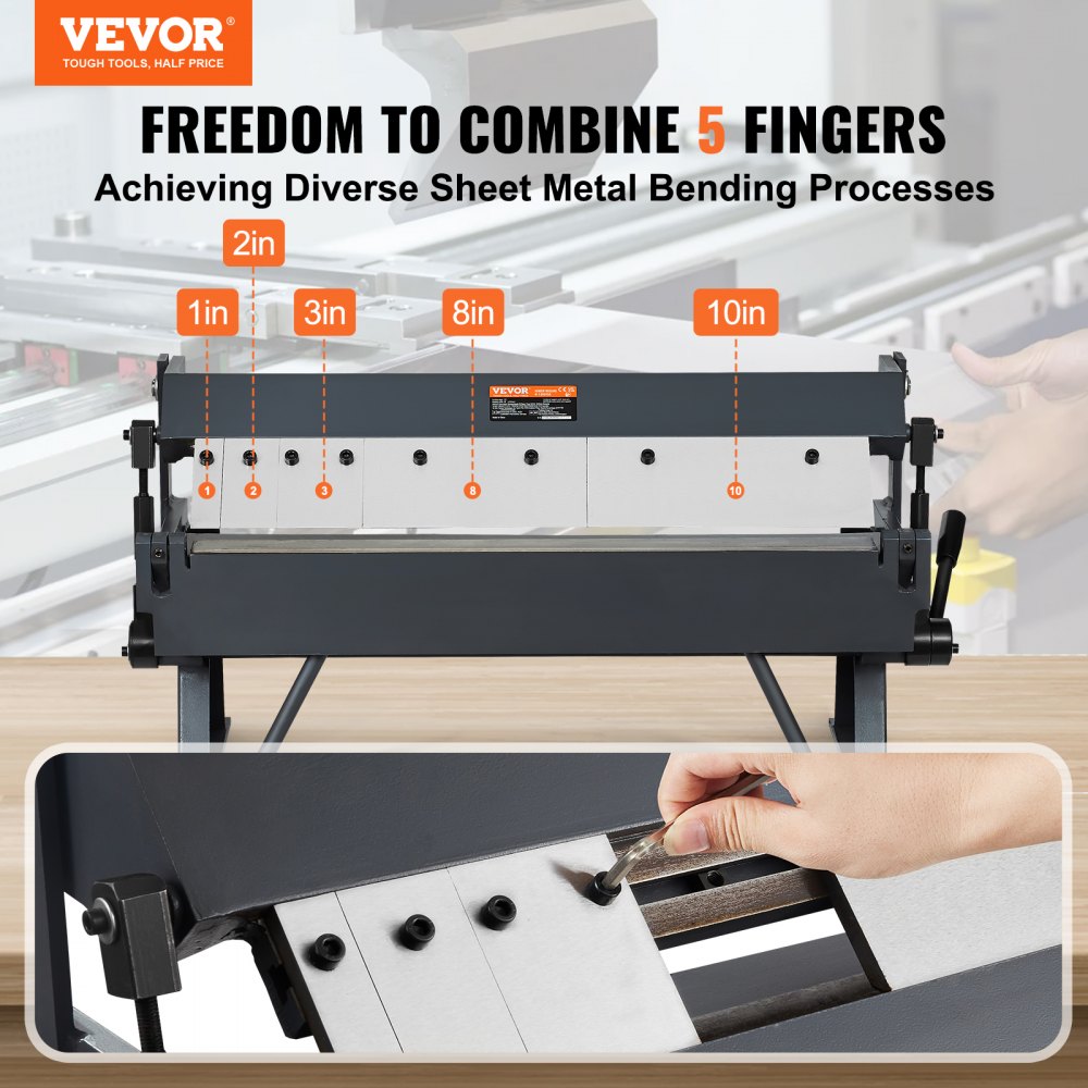VEVOR Box & Pan Bender, 0-130 Degree Sheet Bender, Metal Bending Machine with 20 Gauge Low Carbon Steel, 14 Gauge Aluminum Capacity, 5 Adjustable Fingers for Metal Bending
