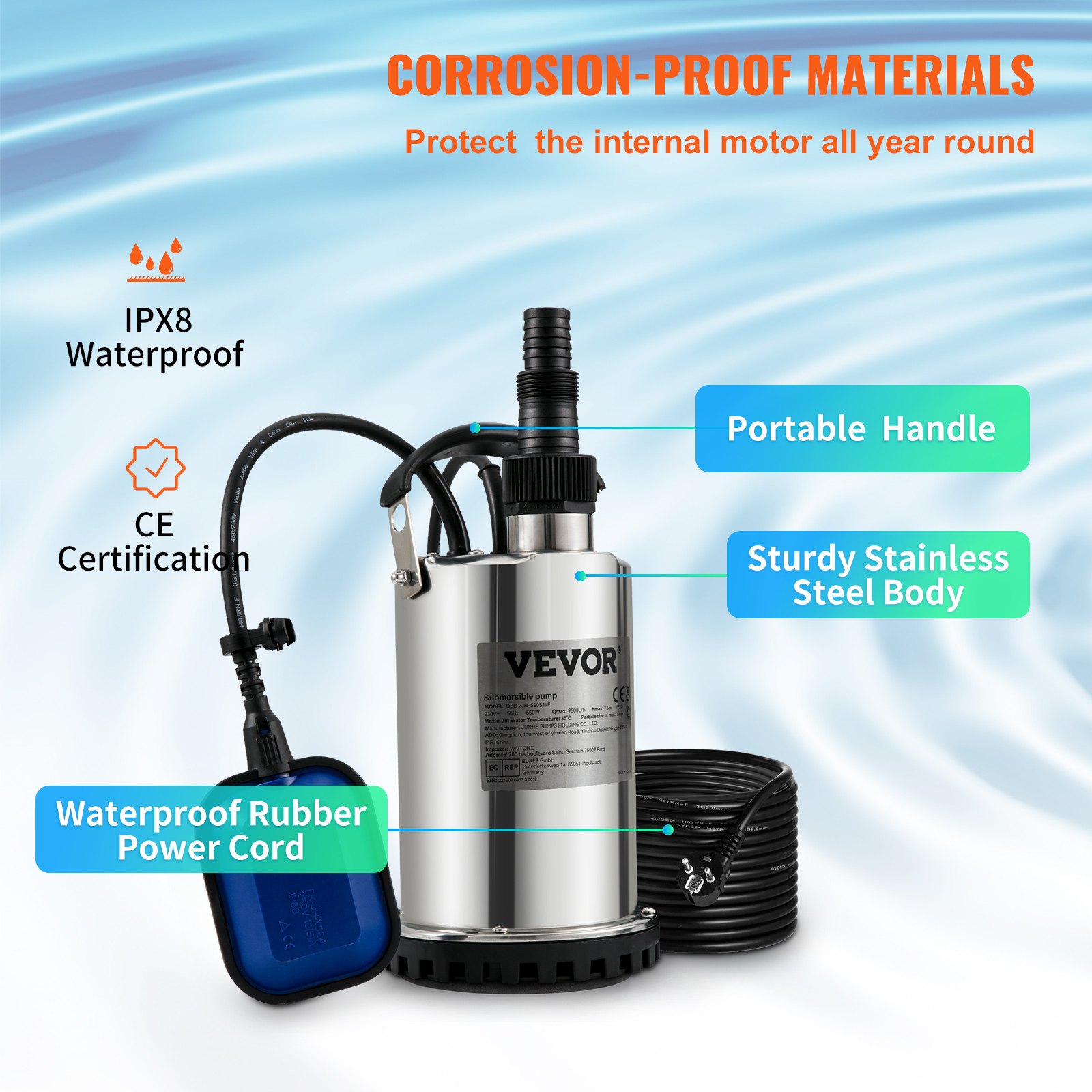 VEVOR Submersible Water Pump, 550W 9500L/H, with 10 m Cord and Automatic Tethered Float Switch, Portable Stainless Steel for Clean, Empty Flooded Area, Swimming Pools, Hot Tubs, for Irrigation